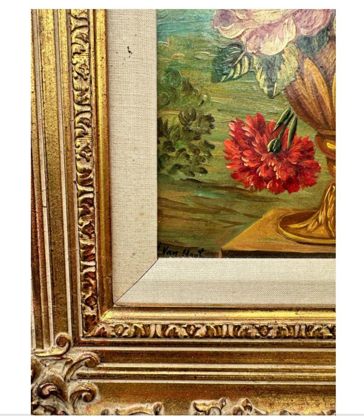 Bodegón Floral Boho Vintage Óleo sobre tabla firmado por el artista en Bueno estado para la venta en west palm beach, FL