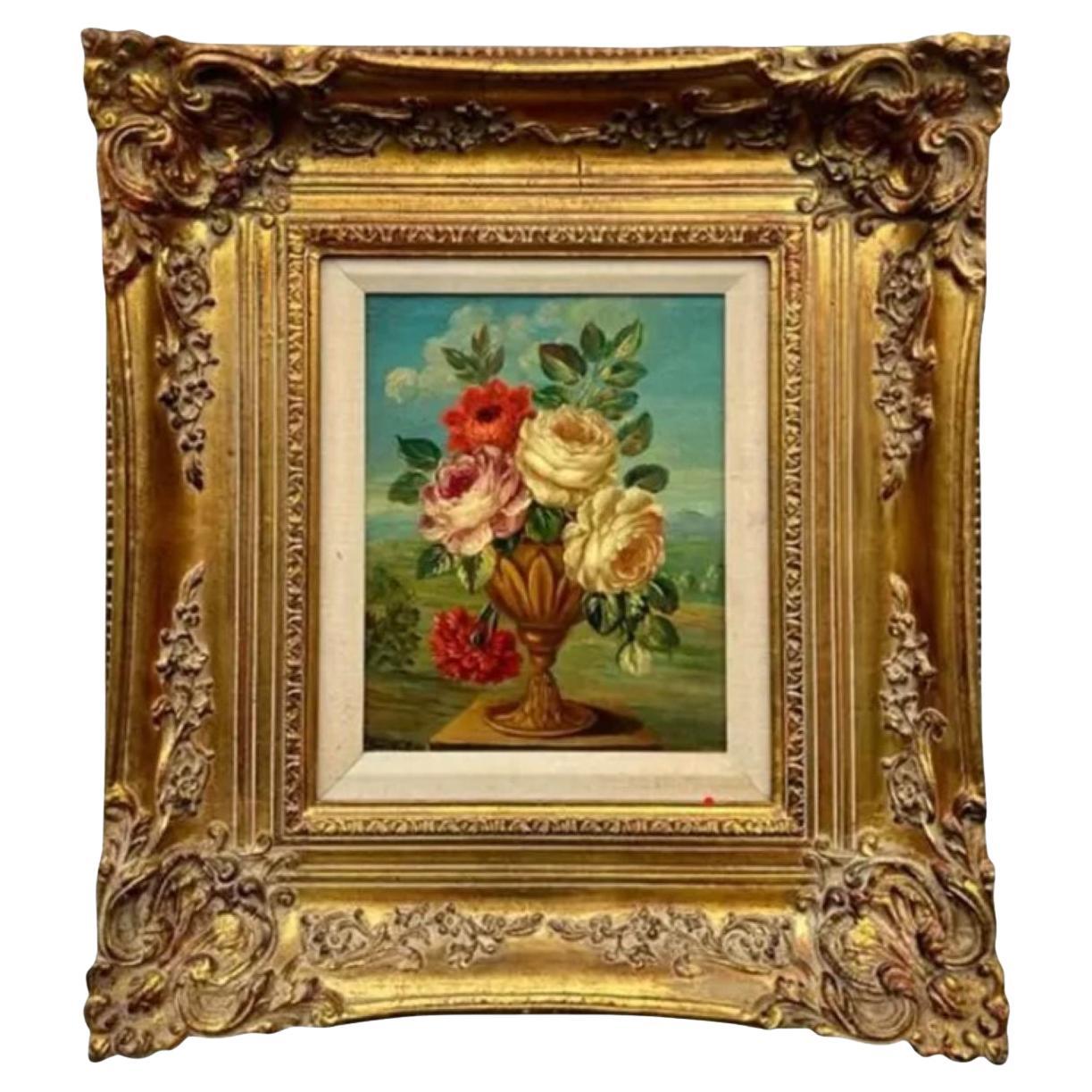 Vintage Boho Floral Still Life Oil on Board Signed by the Artist