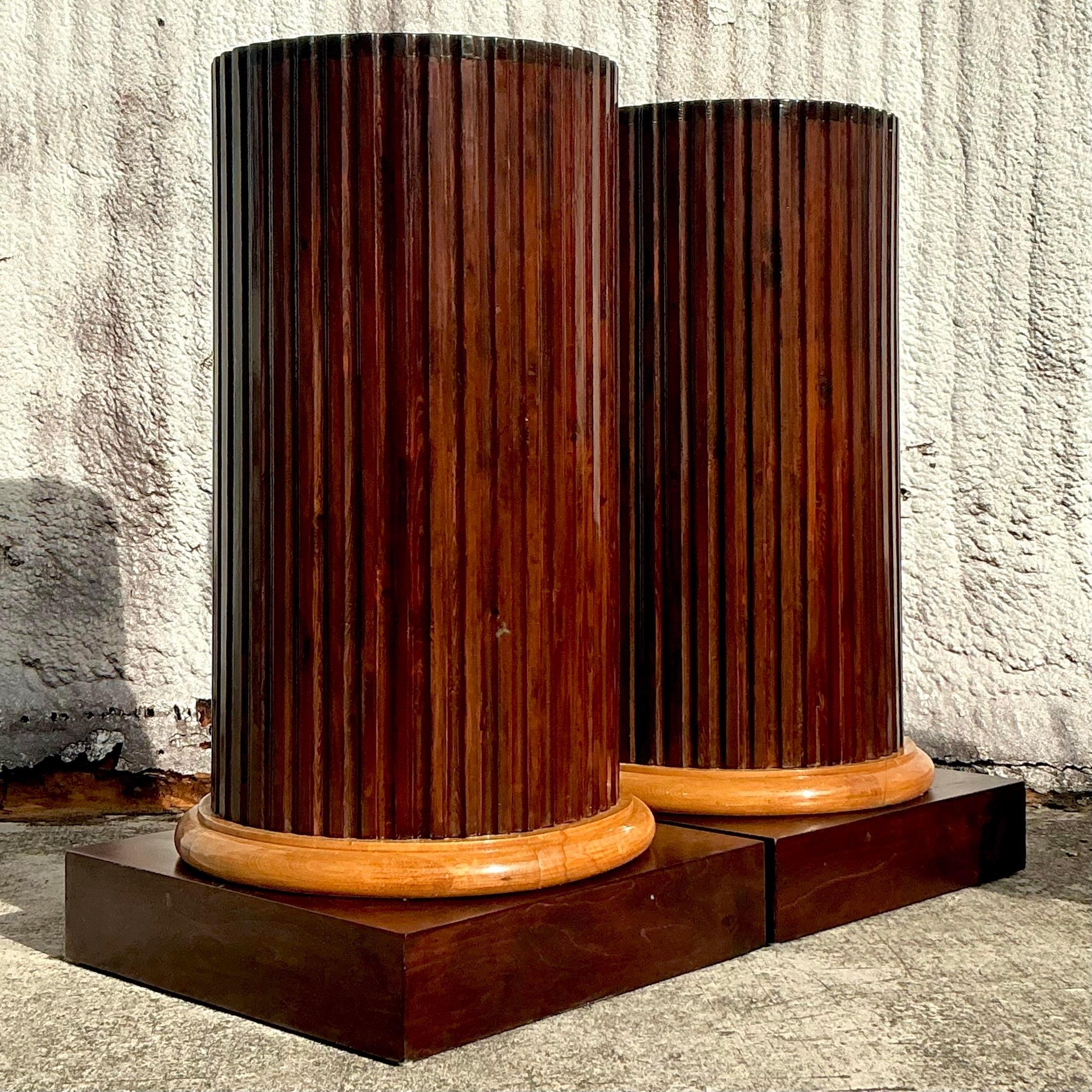 American Vintage Boho Fluted Column Pedestals - a Pair For Sale