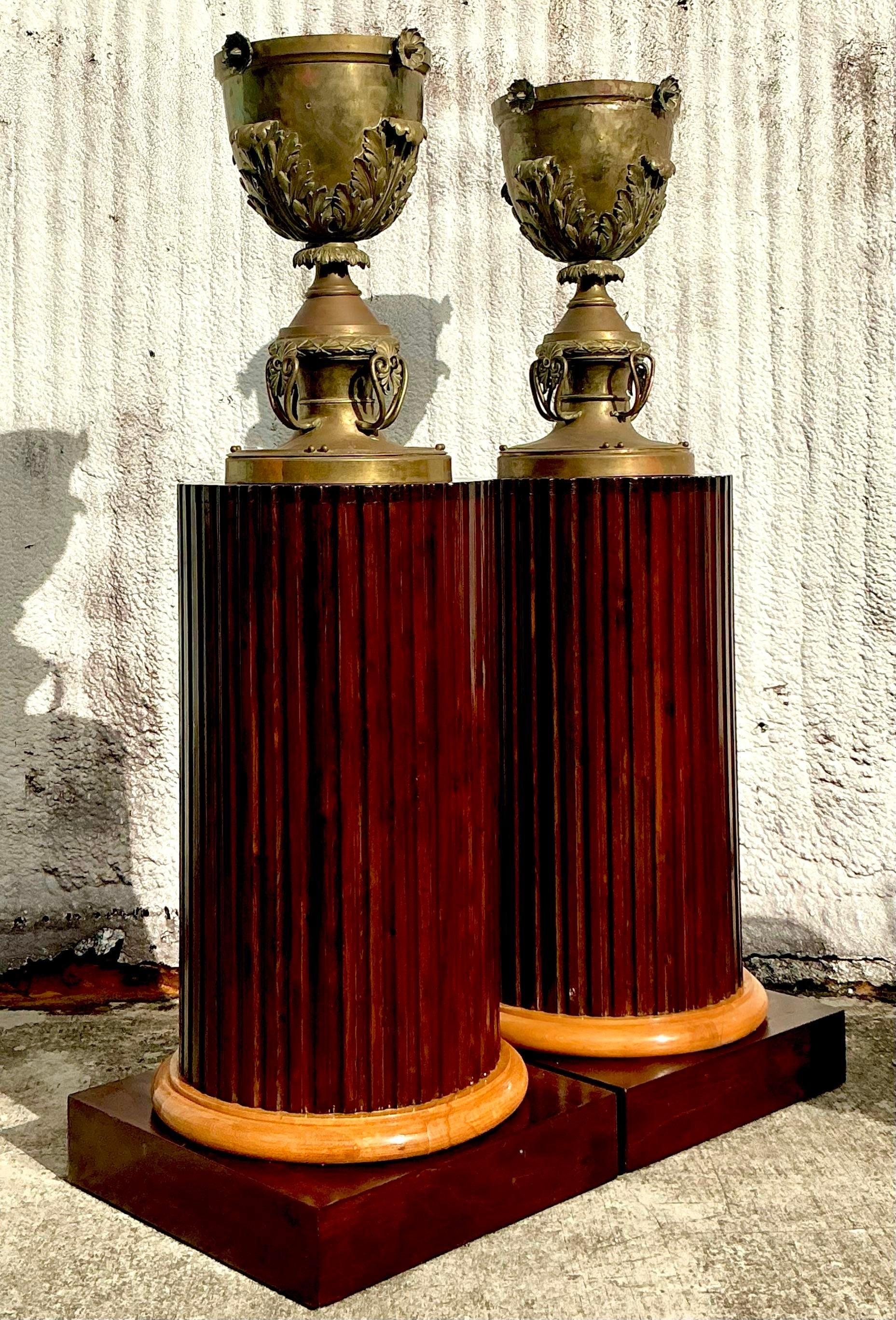 Vintage Boho Fluted Column Pedestals - a Pair In Good Condition For Sale In west palm beach, FL