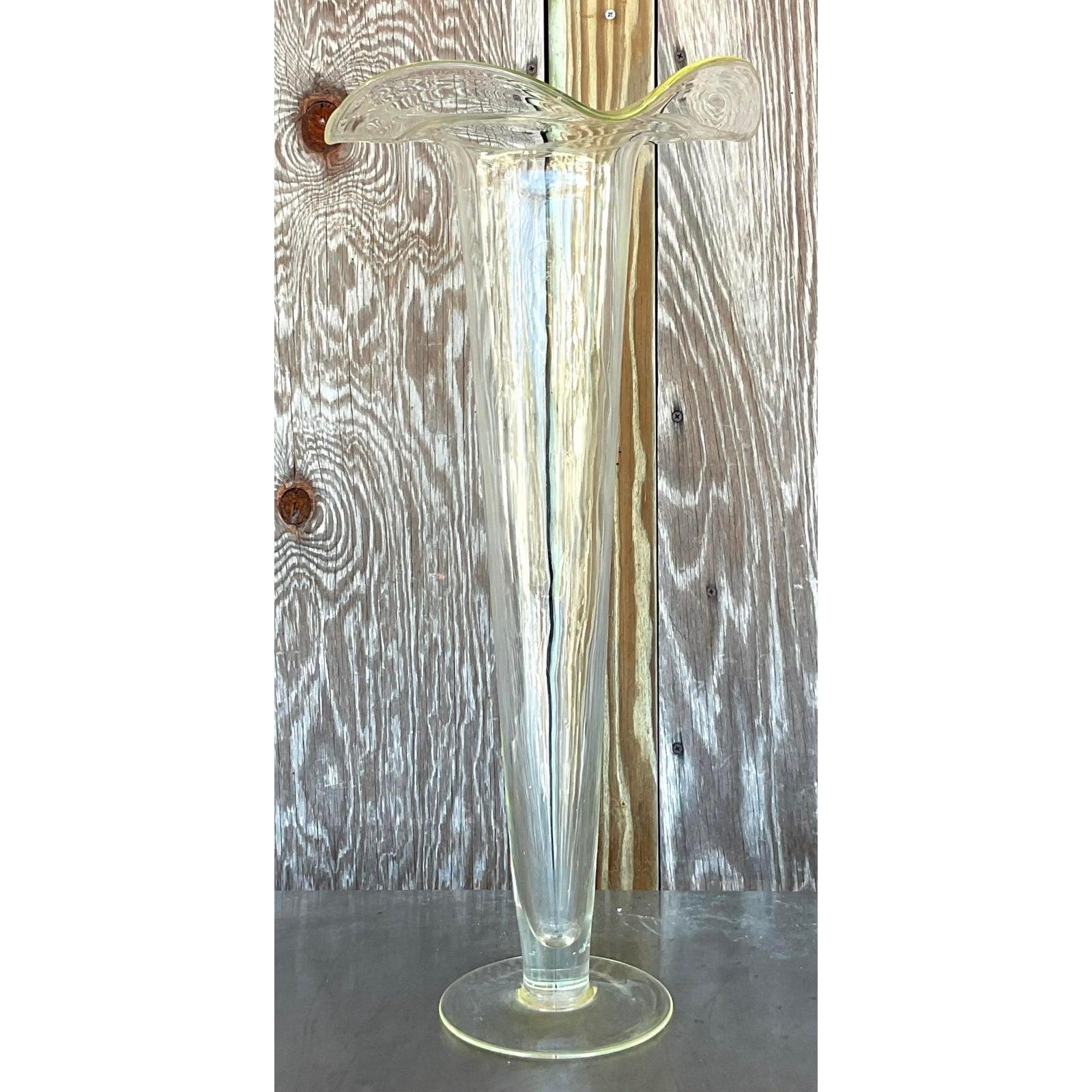 Art Nouveau Vintage Boho Fluted Trumpet Glass Vase For Sale