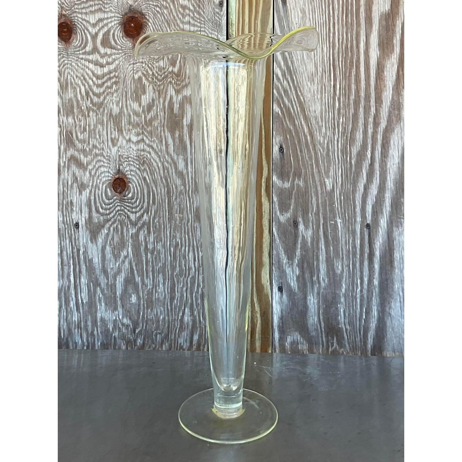 American Vintage Boho Fluted Trumpet Glass Vase For Sale