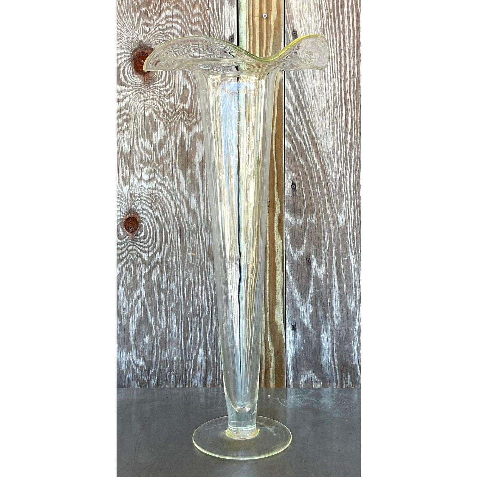 Vintage Boho Fluted Trumpet Glass Vase In Good Condition For Sale In West Palm Beach, FL