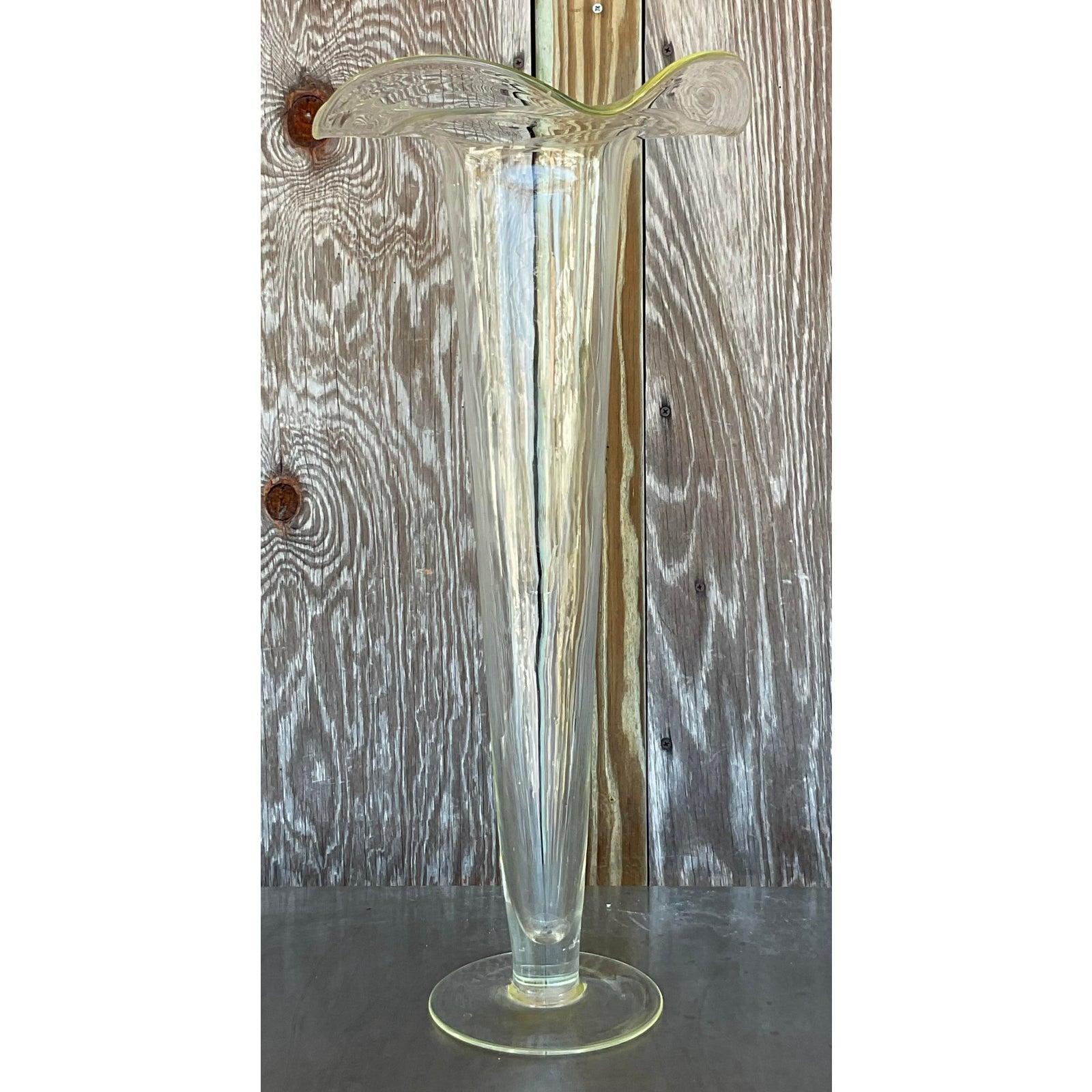 20th Century Vintage Boho Fluted Trumpet Glass Vase For Sale