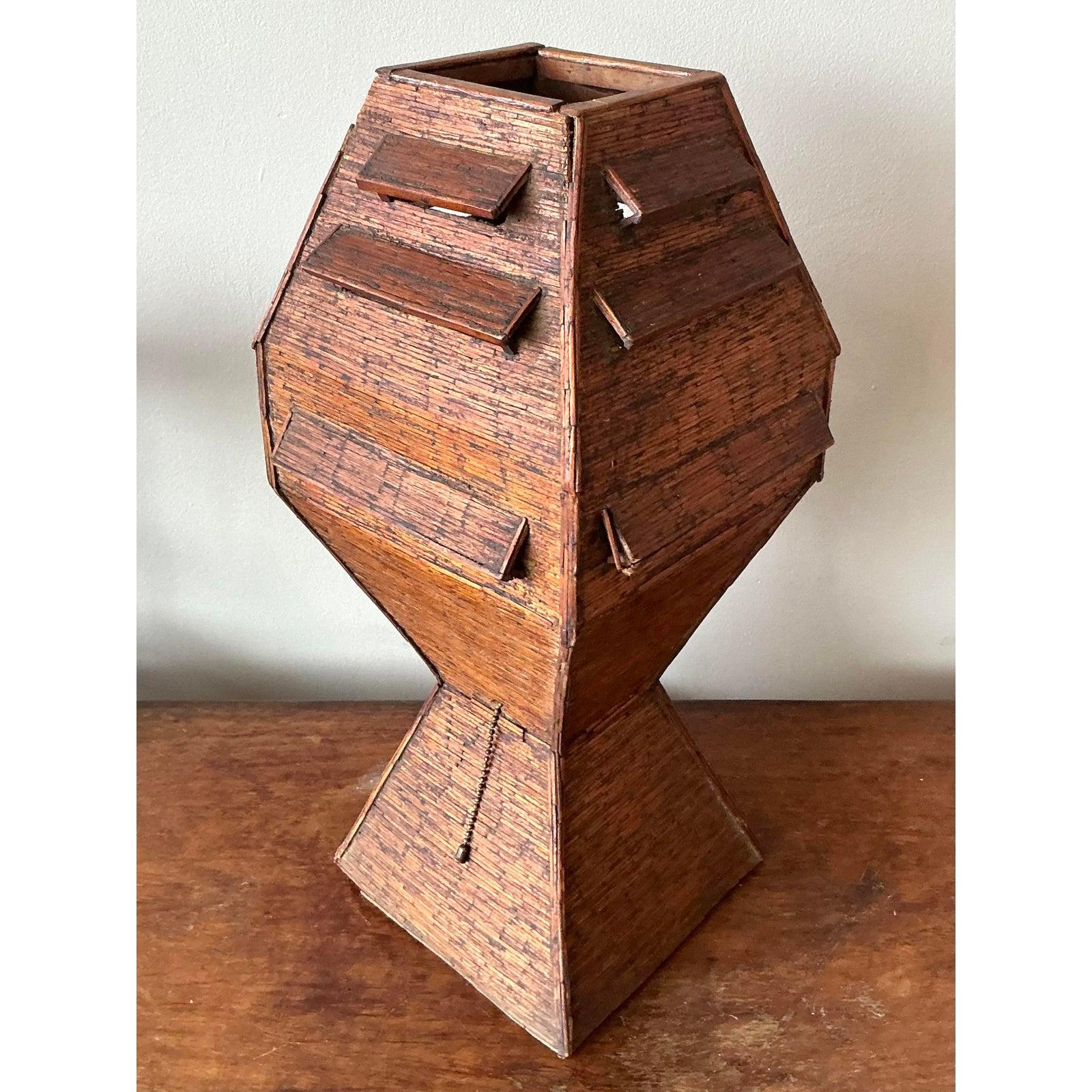 American Vintage Boho Folk Art Match Stick Lamp For Sale