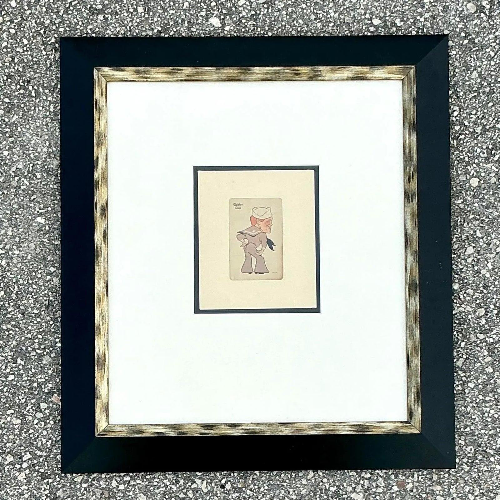 Vieille fille jouant de cartes vintage Boho encadrée 1938 Bon état - En vente à West Palm Beach, FL