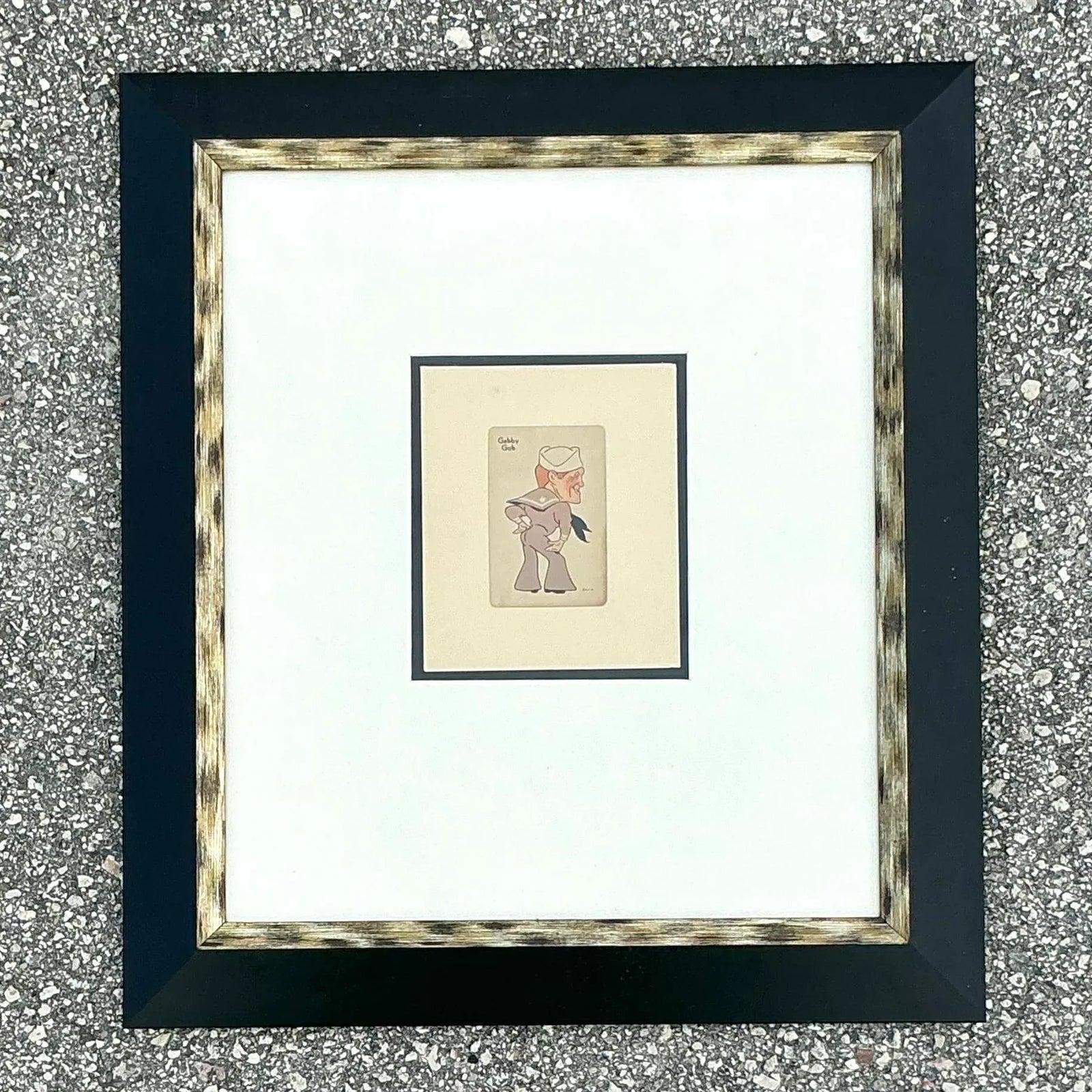 Verre Vieille fille jouant de cartes vintage Boho encadrée 1938 en vente