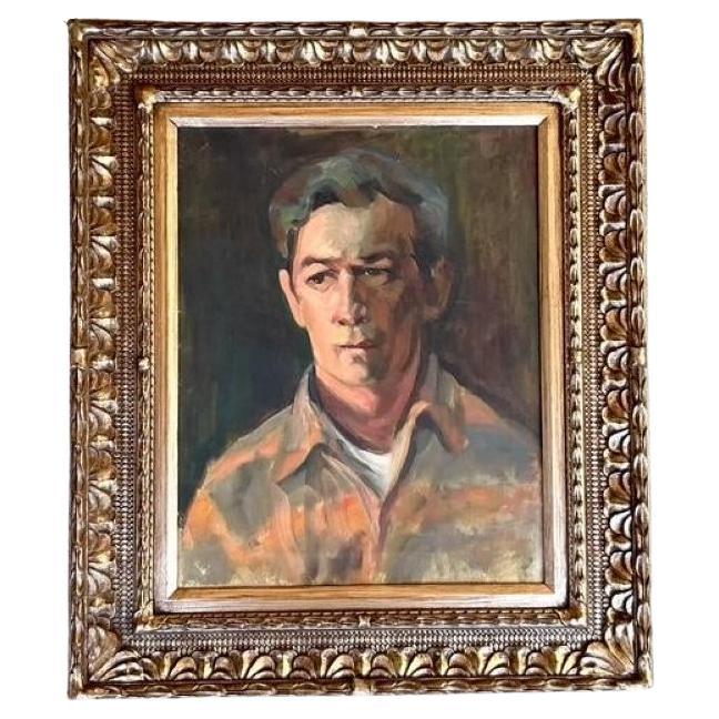 Vintage Boho Gerahmtes Original-Portrait auf Leinwand