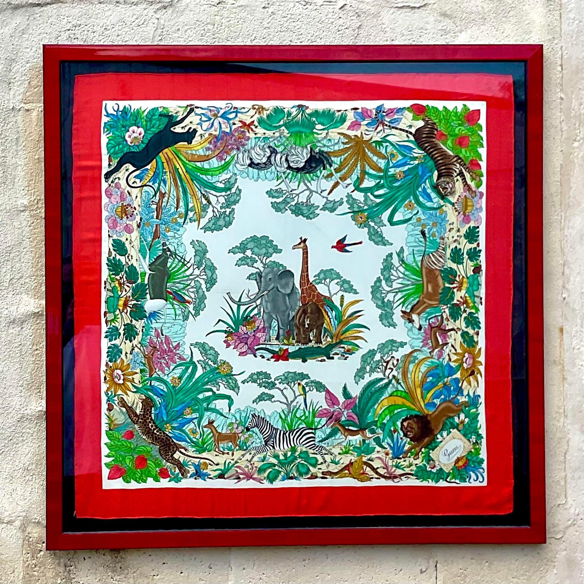 A fabulous vintage Boho framed silk scarf. A chic jungle print from the House of Gucci. Signed on the bottom. Acquired from a Palm Beach estate as a gift from her grandmother.