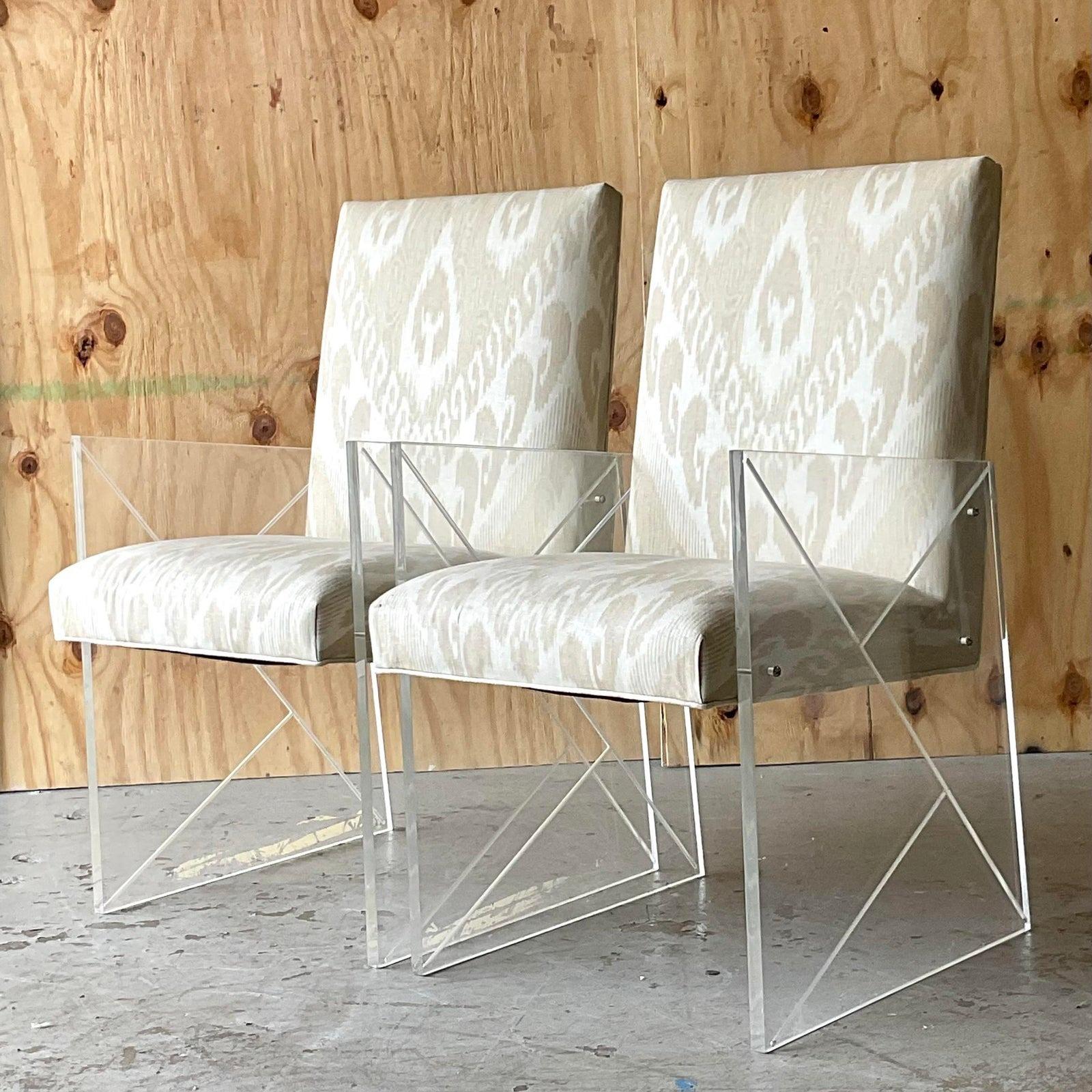 Mid-20th Century Vintage Boho French 60s Lucite Host Chairs in Thibaut Ikat - a Pair
