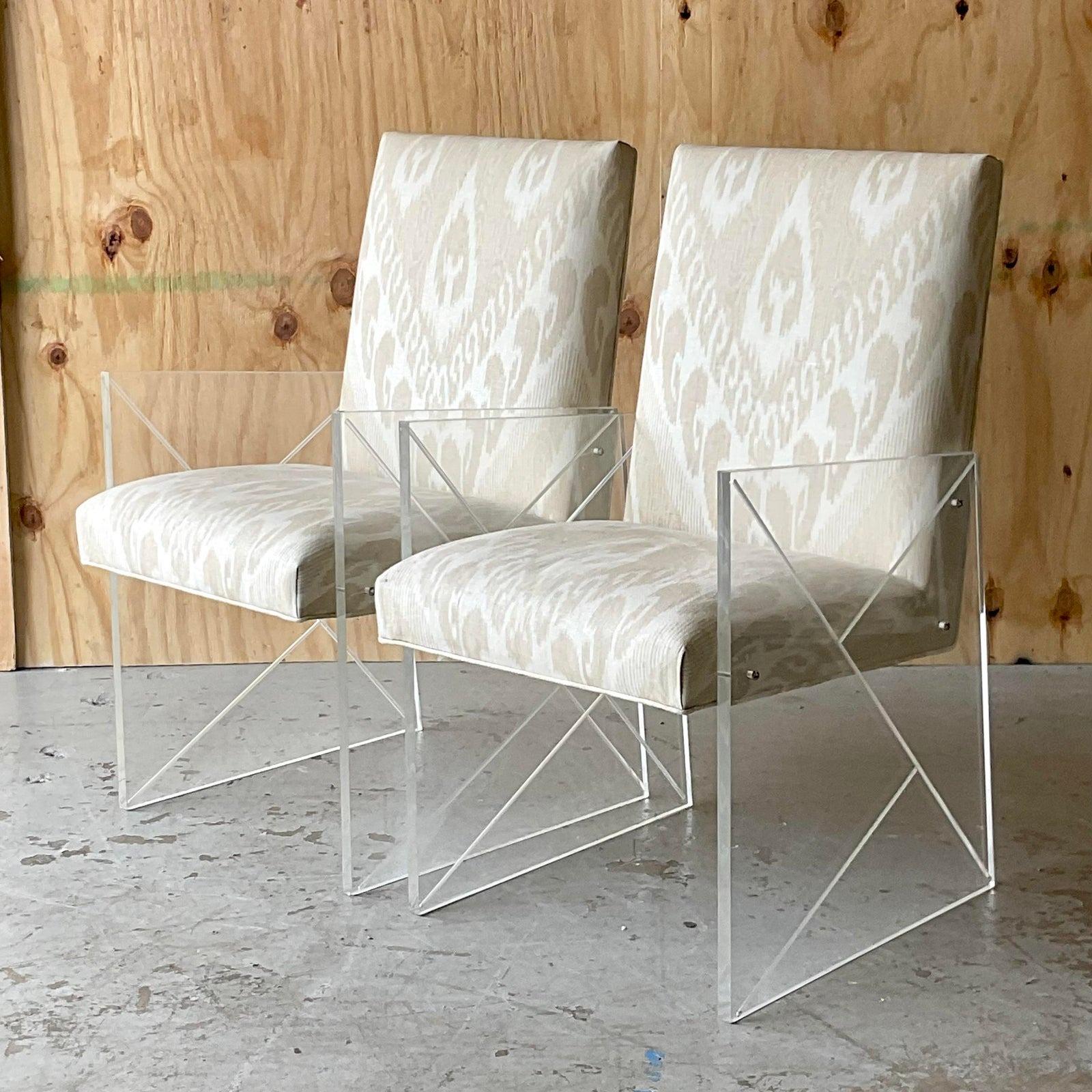 Vintage Boho French 60s Lucite Host Chairs in Thibaut Ikat - a Pair For Sale 1