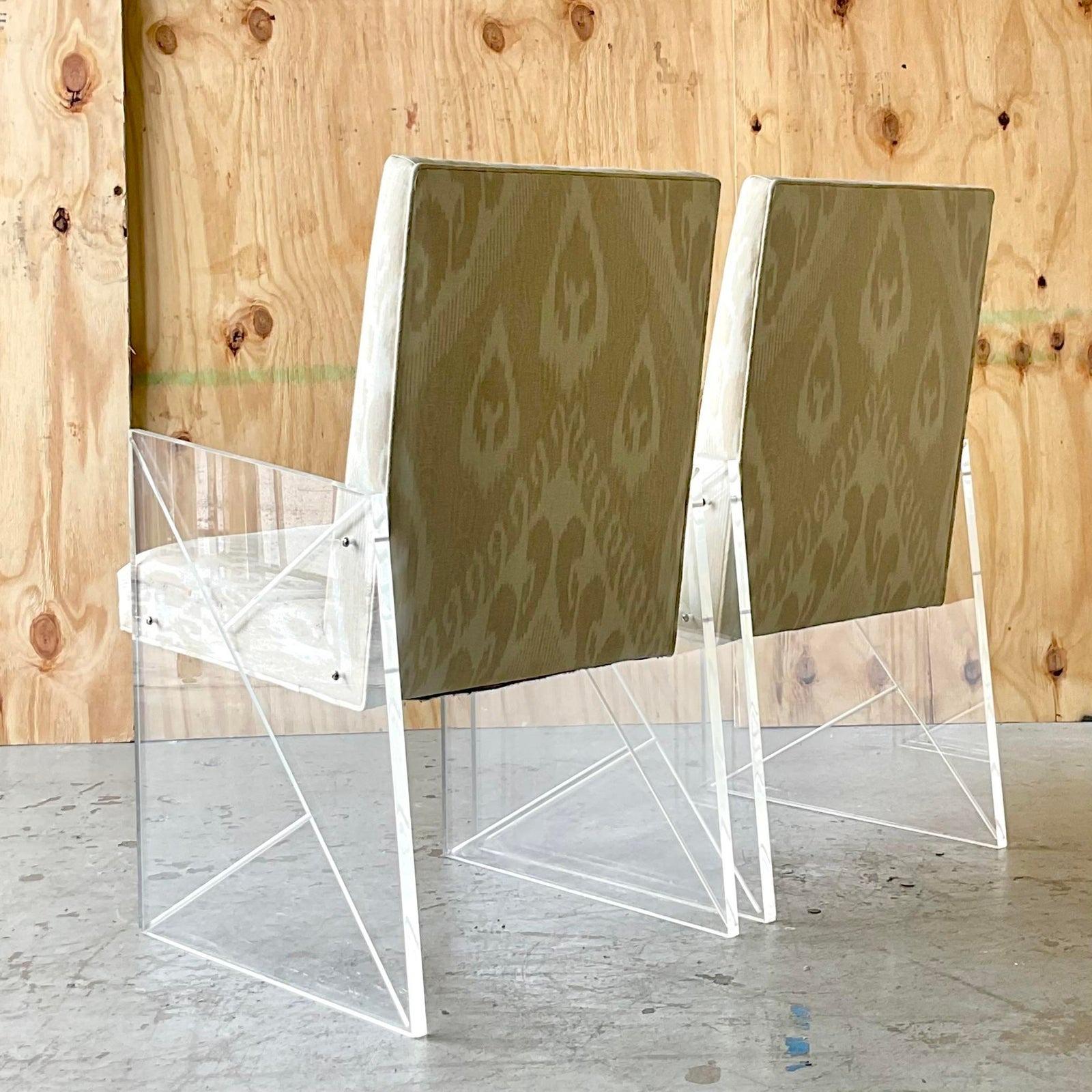 Vintage Boho French 60s Lucite Host Chairs in Thibaut Ikat - a Pair 2