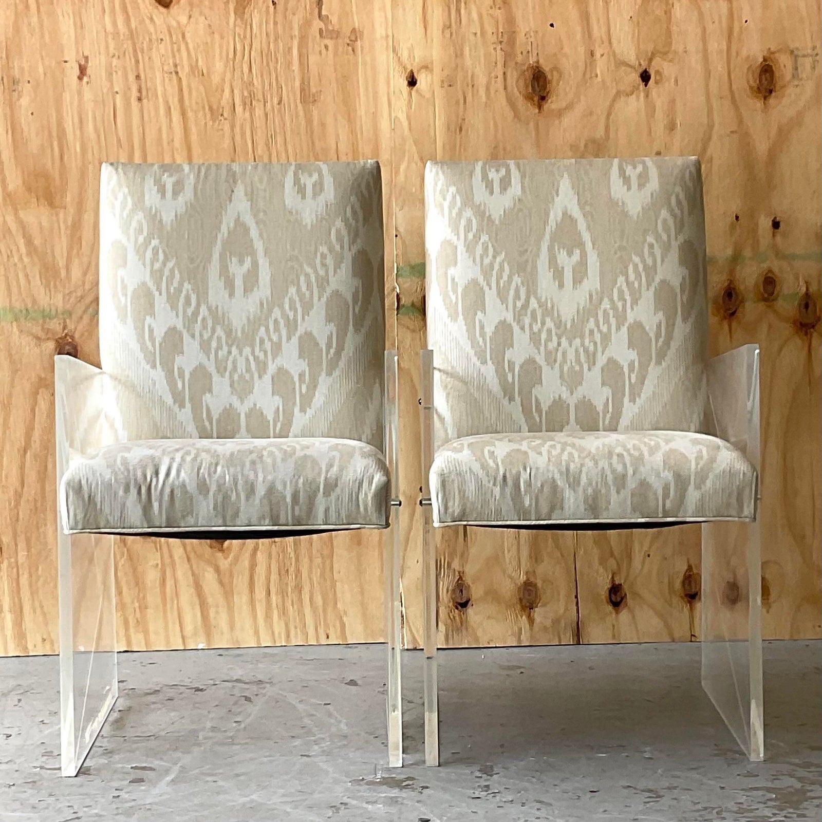 Vintage Boho French 60s Lucite Host Chairs in Thibaut Ikat - a Pair For Sale 3