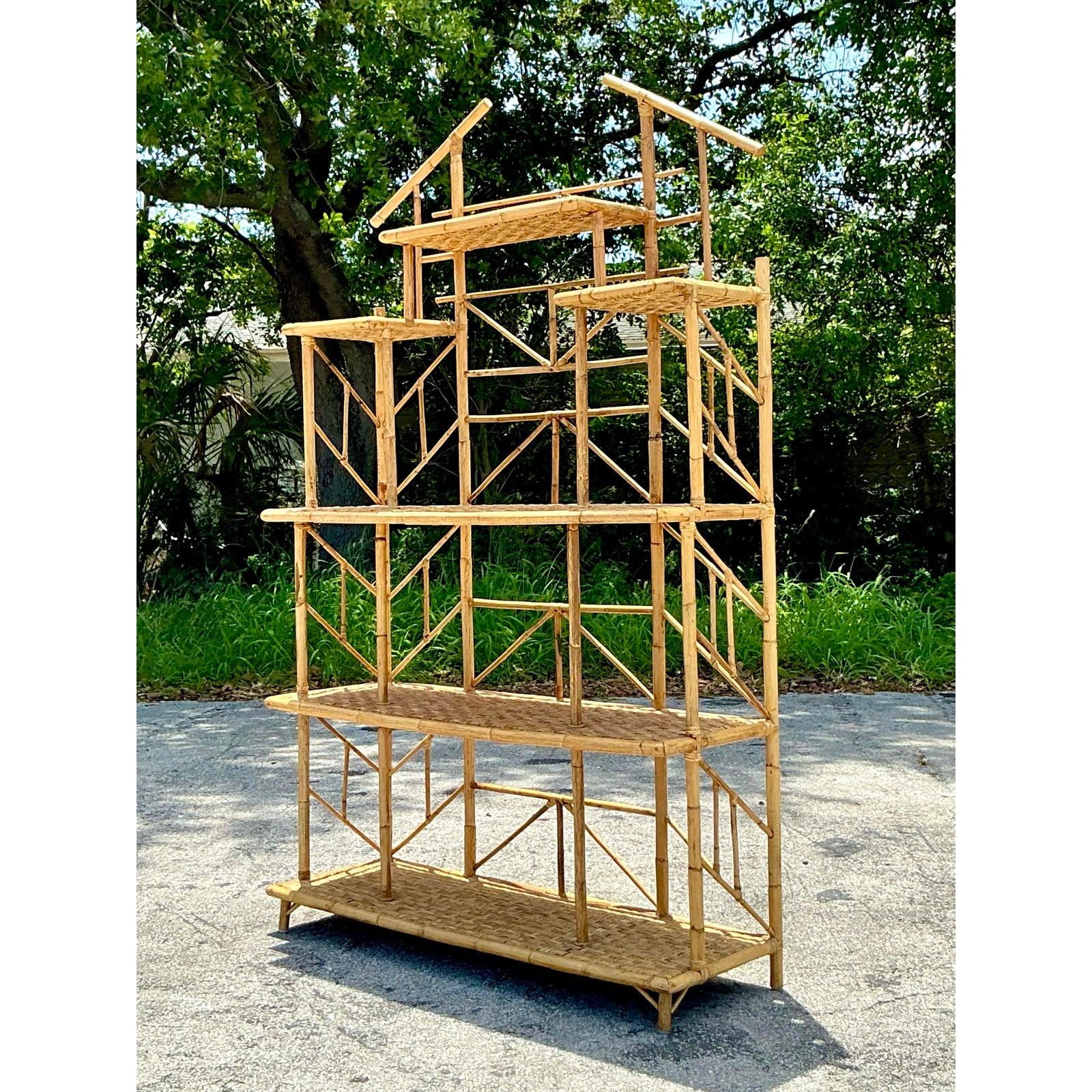 20th Century Vintage Boho French Bamboo Etagere For Sale