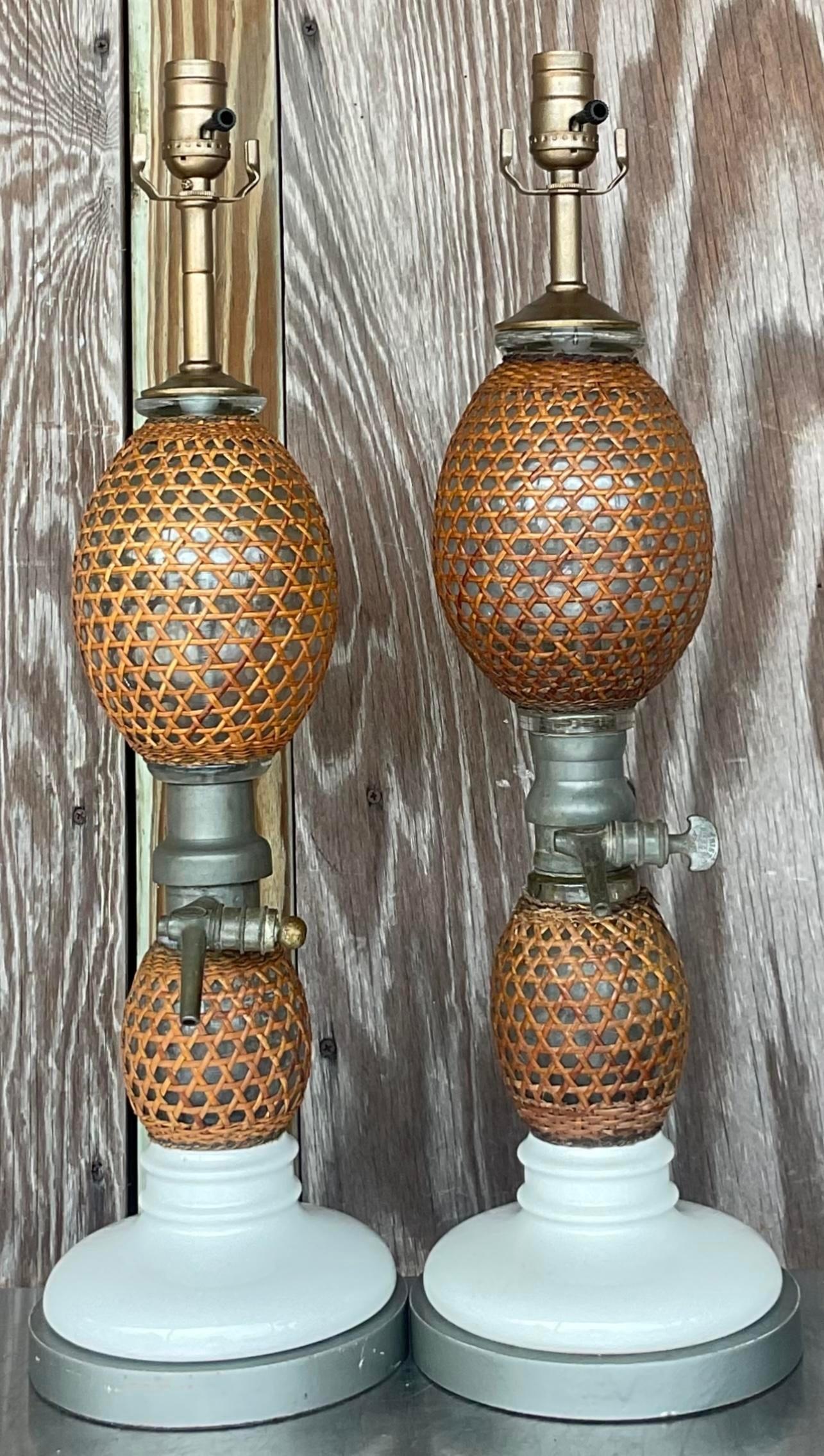 Vintage Boho French “Briet Brevete” Rattan and Glass Lamps - a Pair In Good Condition For Sale In west palm beach, FL