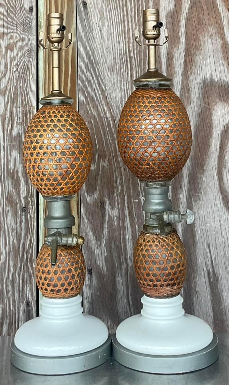 20th Century Vintage Boho French “Briet Brevete” Rattan and Glass Lamps - a Pair For Sale
