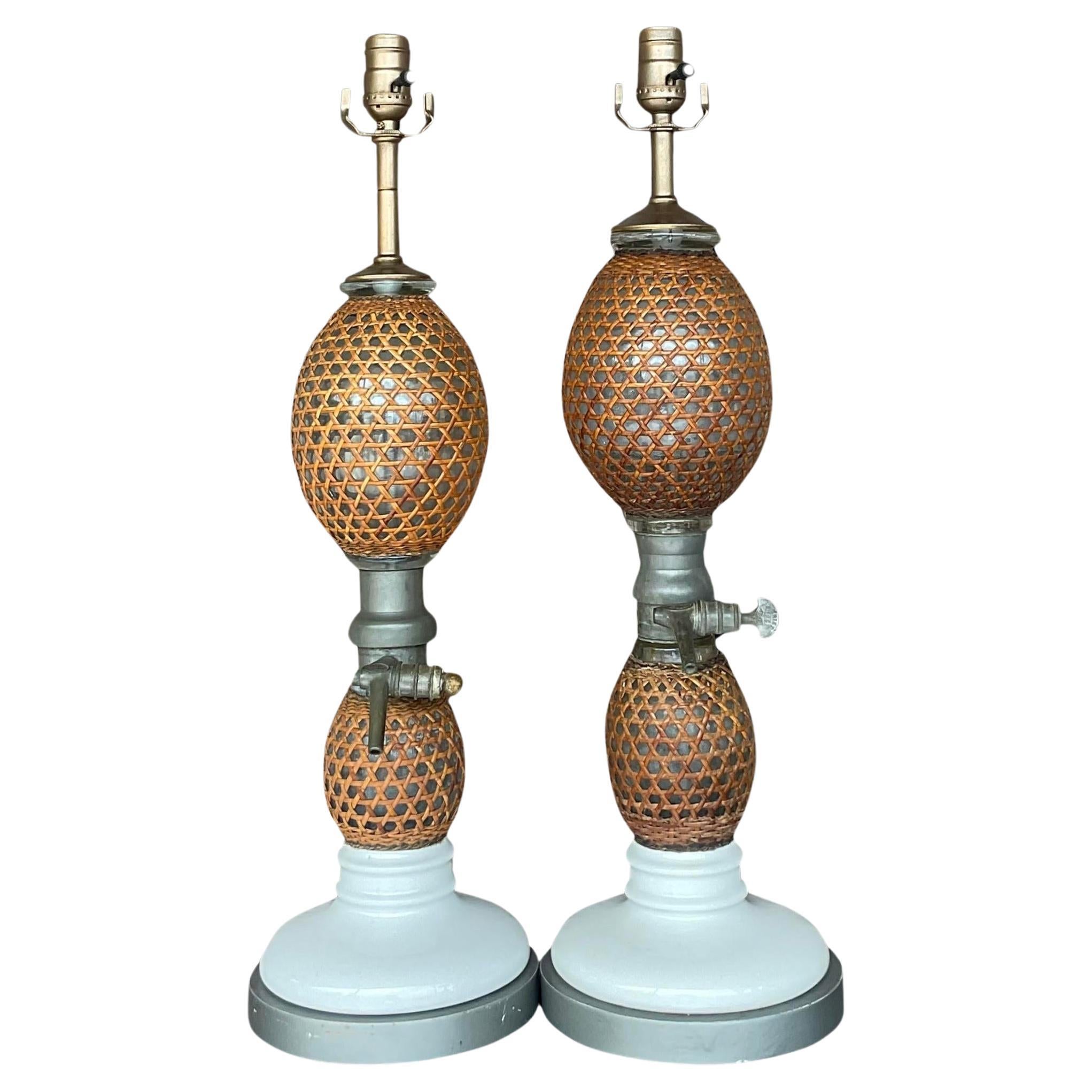 Vintage Boho French “Briet Brevete” Rattan and Glass Lamps - a Pair For Sale