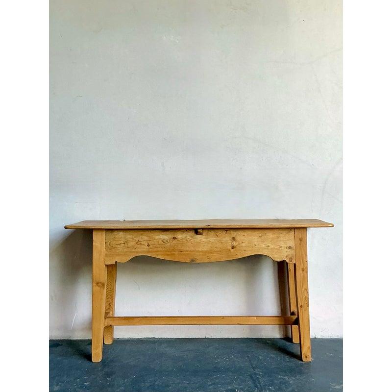 Vintage Boho French Knotty Pine Scalloped Console Table For Sale 1