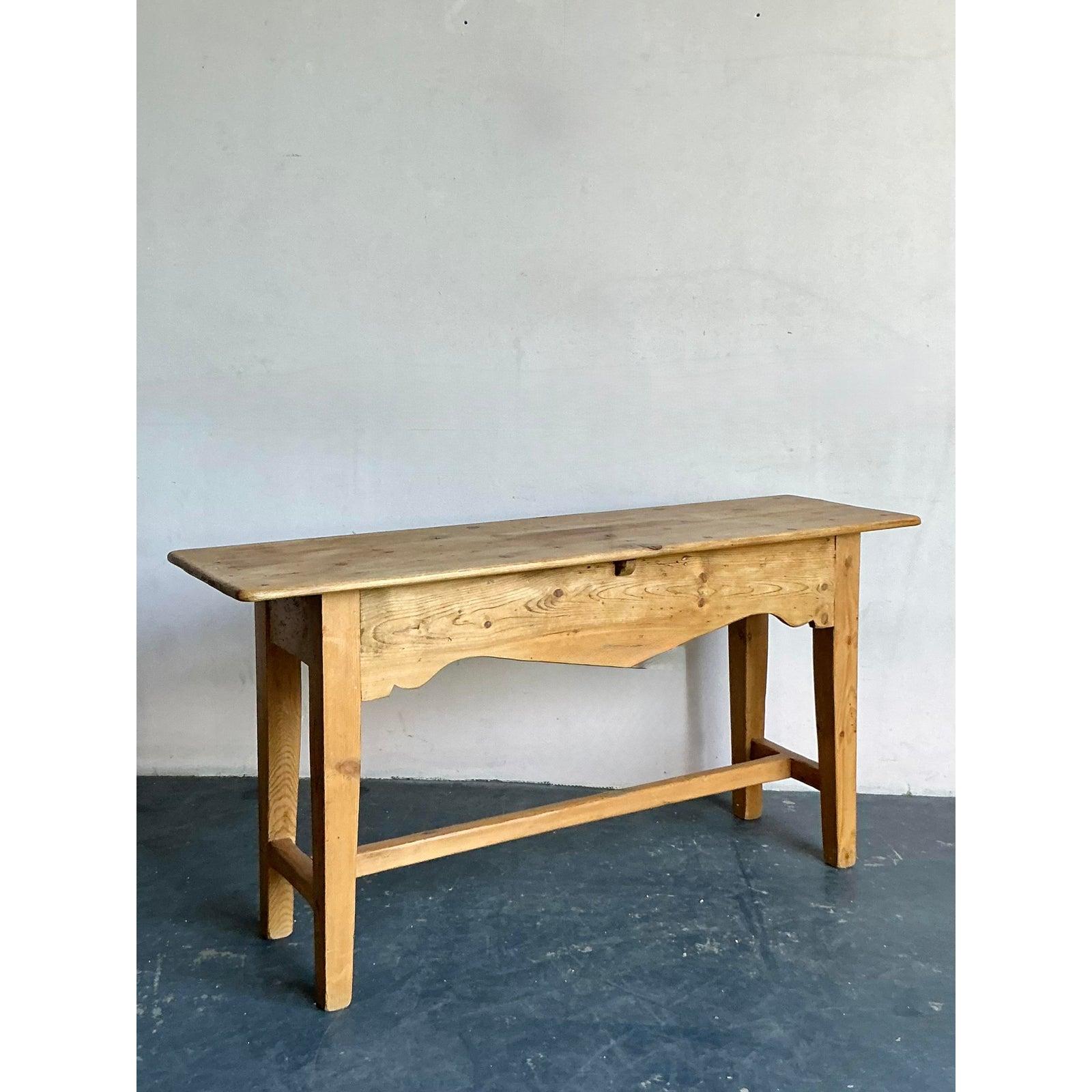 Vintage Boho French Knotty Pine Scalloped Console Table For Sale 2