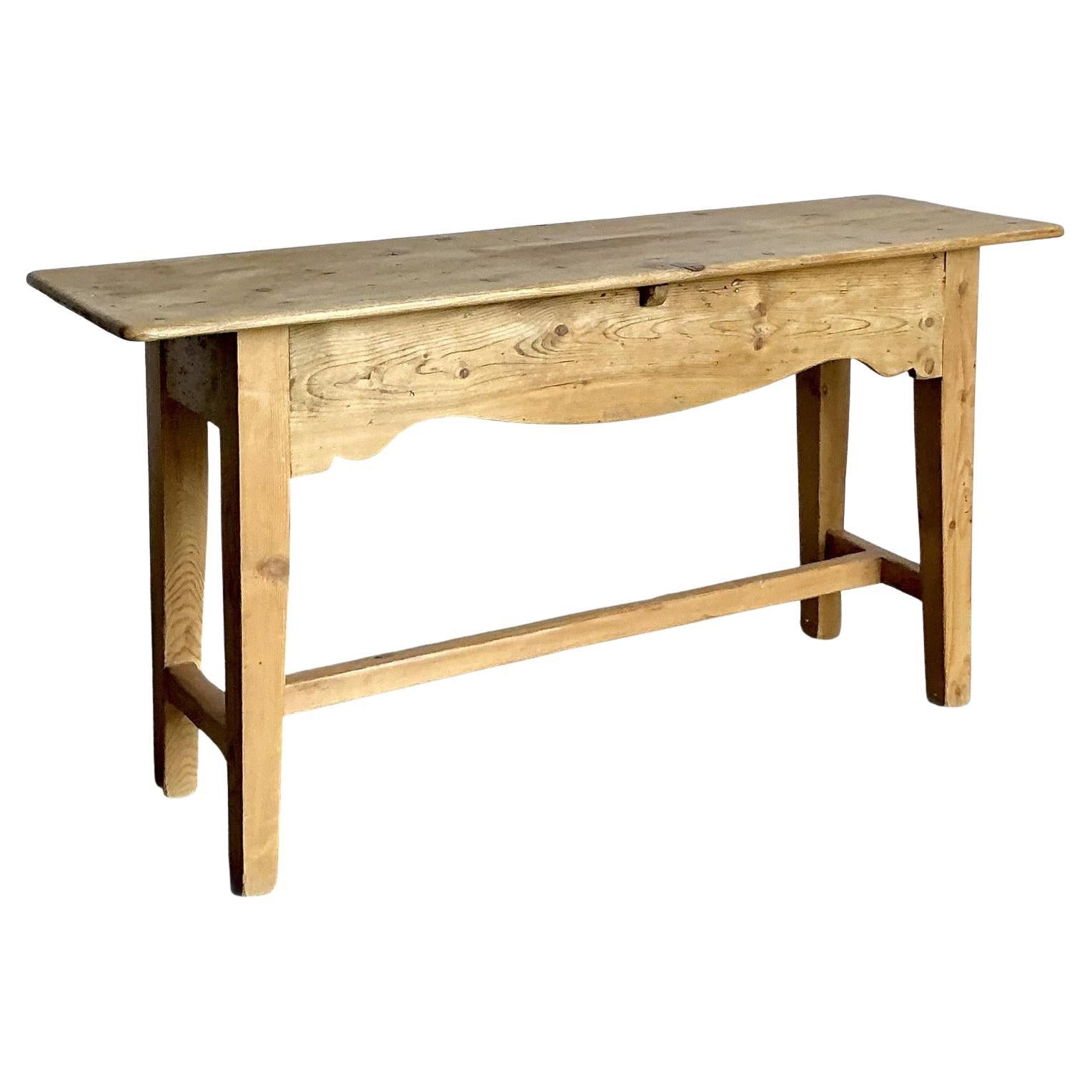 Vintage Boho French Knotty Pine Scalloped Console Table