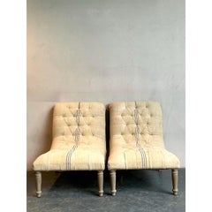 Vintage Boho French Linen Tufted Scroll Slipper Chairs - A Pair
