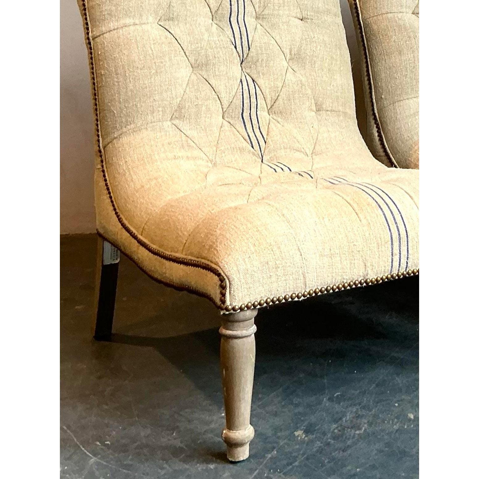 French Provincial Vintage Boho French Linen Tufted Scroll Slipper Chairs - A Pair For Sale