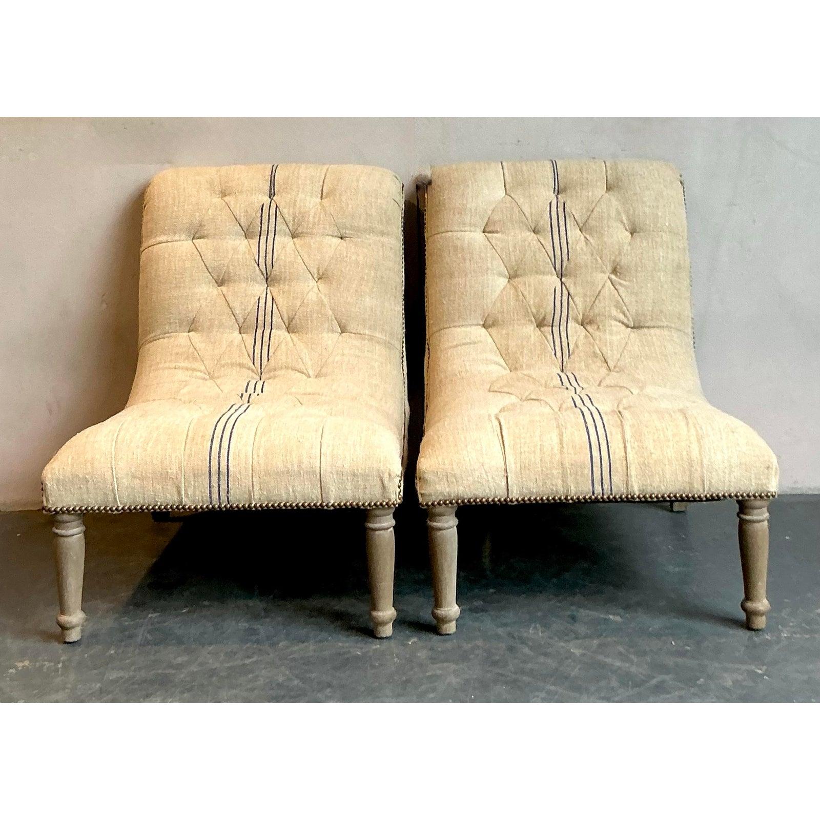 20th Century Vintage Boho French Linen Tufted Scroll Slipper Chairs - A Pair For Sale