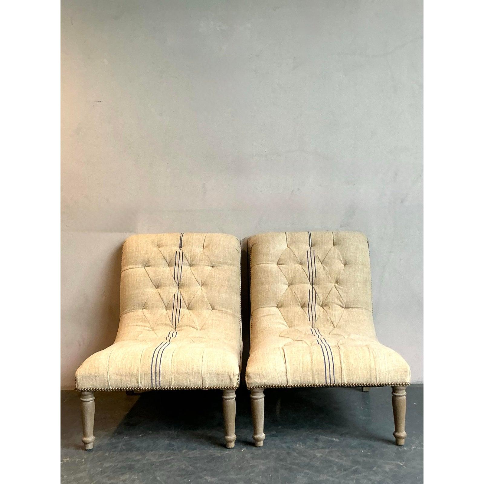Brass Vintage Boho French Linen Tufted Scroll Slipper Chairs - A Pair For Sale