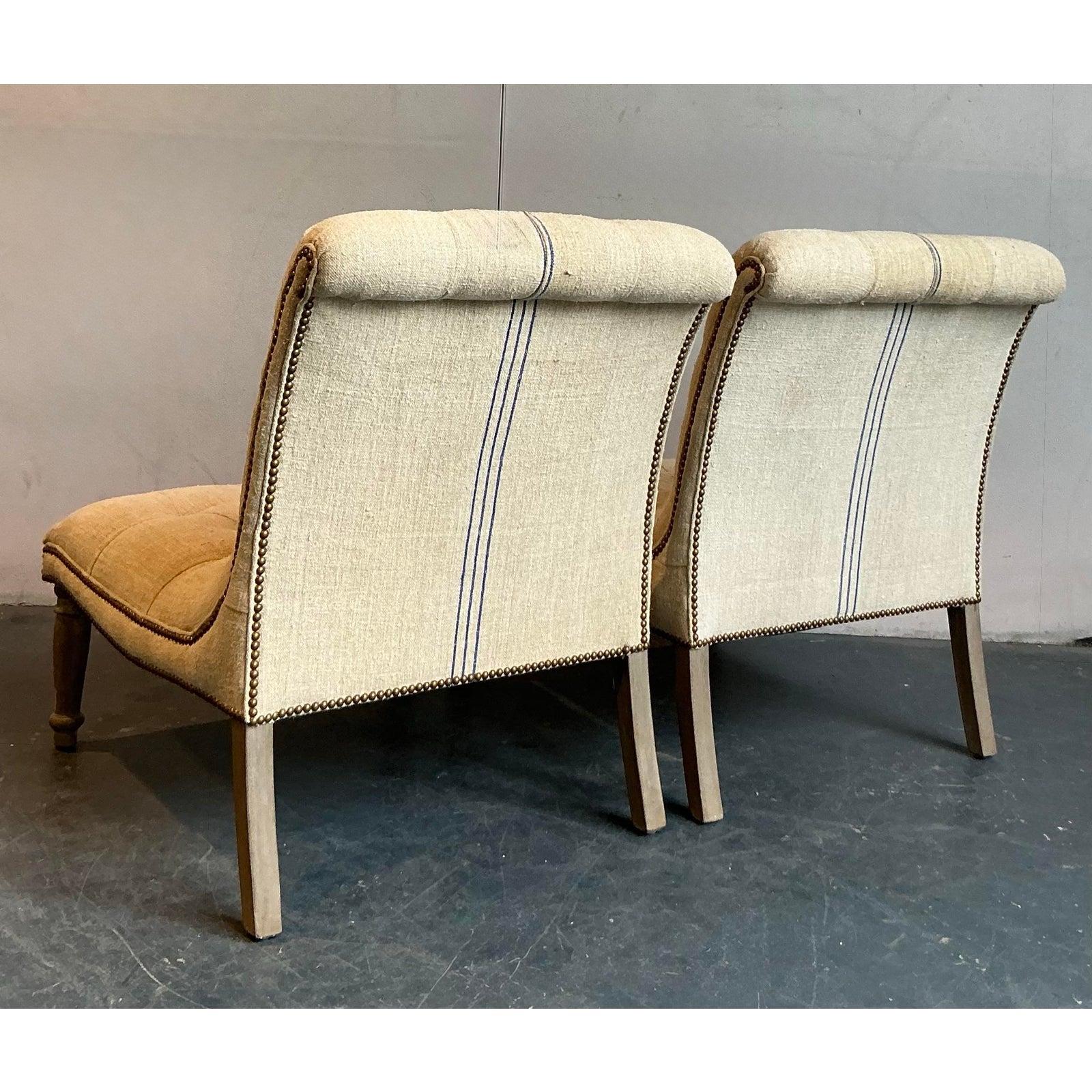 Vintage Boho French Linen Tufted Scroll Slipper Chairs - A Pair For Sale 1