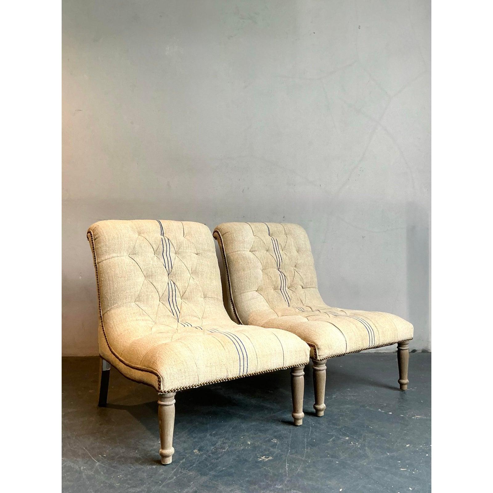 Vintage Boho French Linen Tufted Scroll Slipper Chairs - A Pair For Sale 2