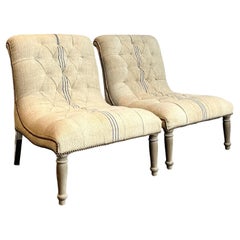 Vintage Boho French Linen Tufted Scroll Slipper Chairs - A Pair