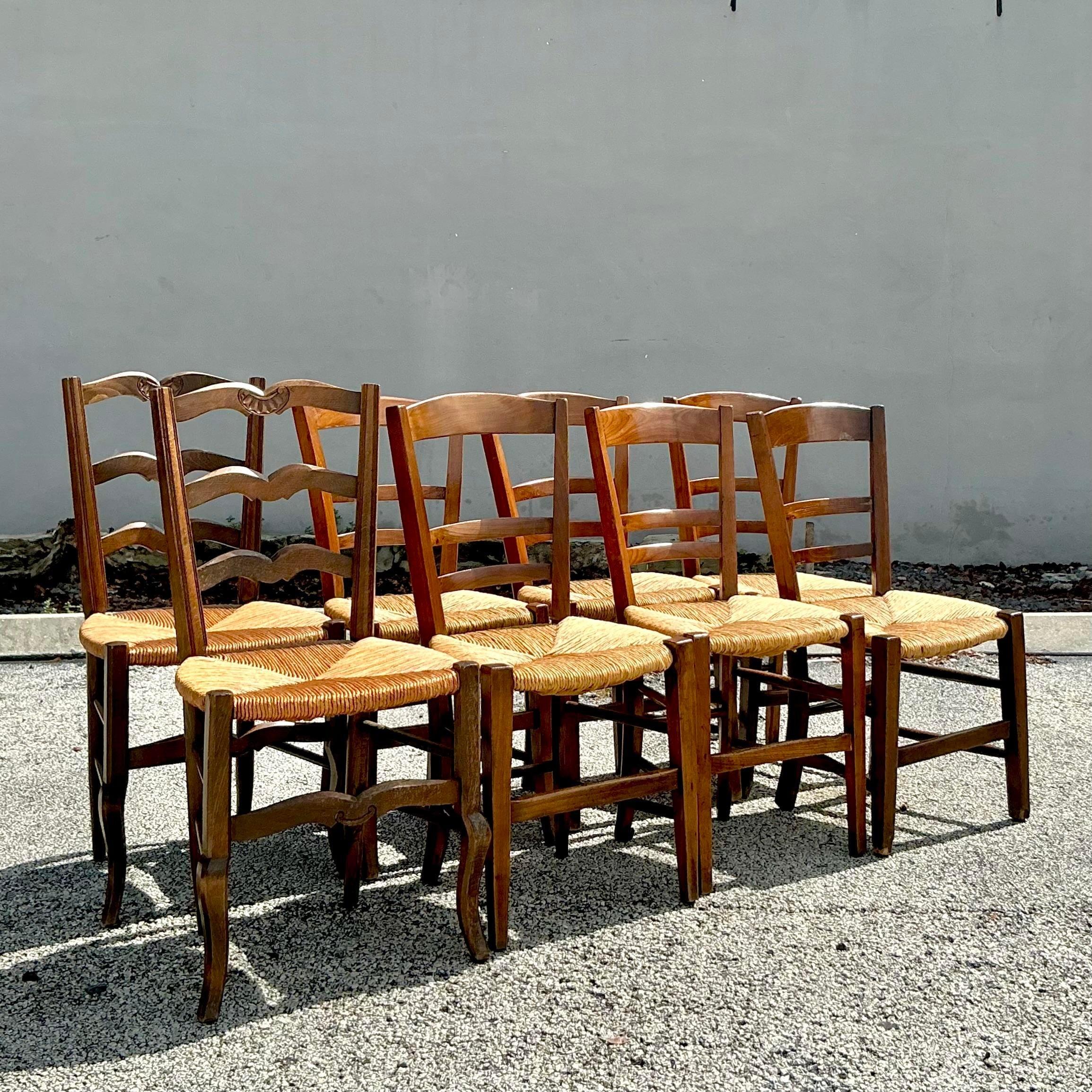 Vintage Boho French Mixed Rush Seat Dining Chairs Set of 10 For Sale 5