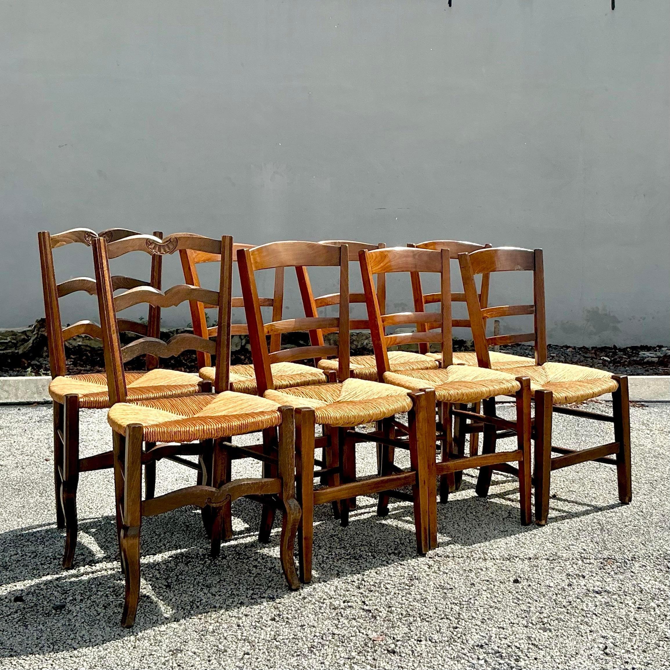 Enhance your dining area with the American style Vintage Boho French Mixed Rush Seat Dining Chairs Set of 10. These charming chairs combine the rustic elegance of French design with bohemian flair, featuring mixed rush seats and artisanal