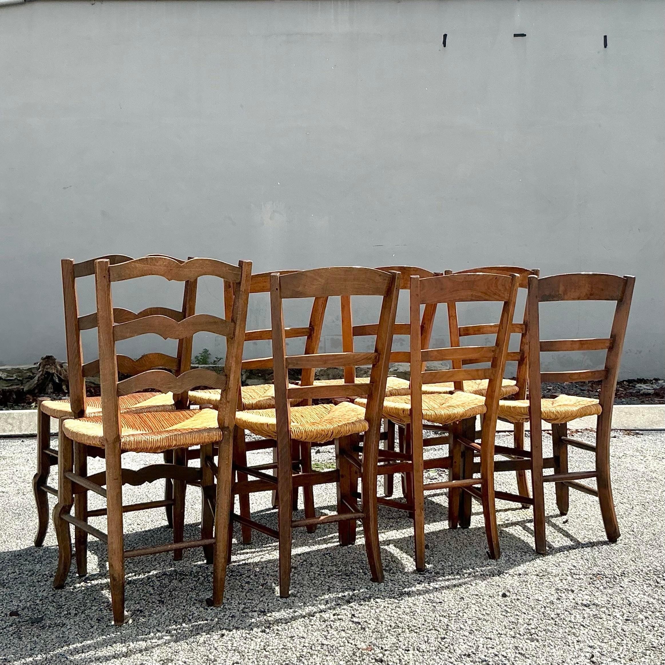 Rustic Vintage Boho French Mixed Rush Seat Dining Chairs Set of 10 For Sale
