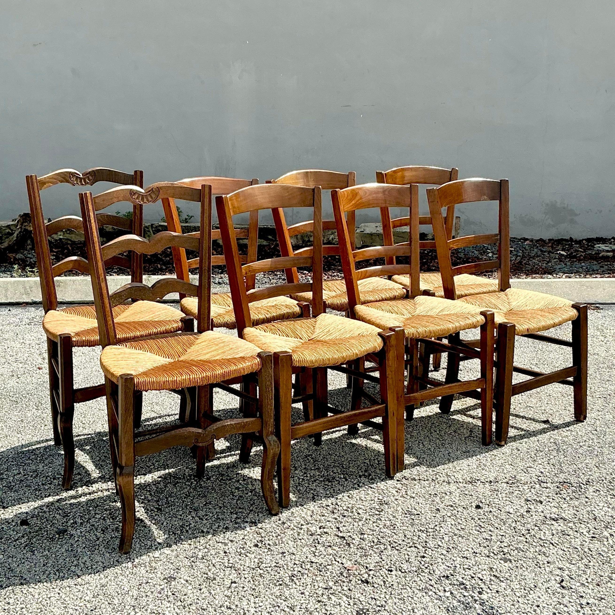 Vintage Boho French Mixed Rush Seat Dining Chairs Set of 10 In Good Condition For Sale In west palm beach, FL