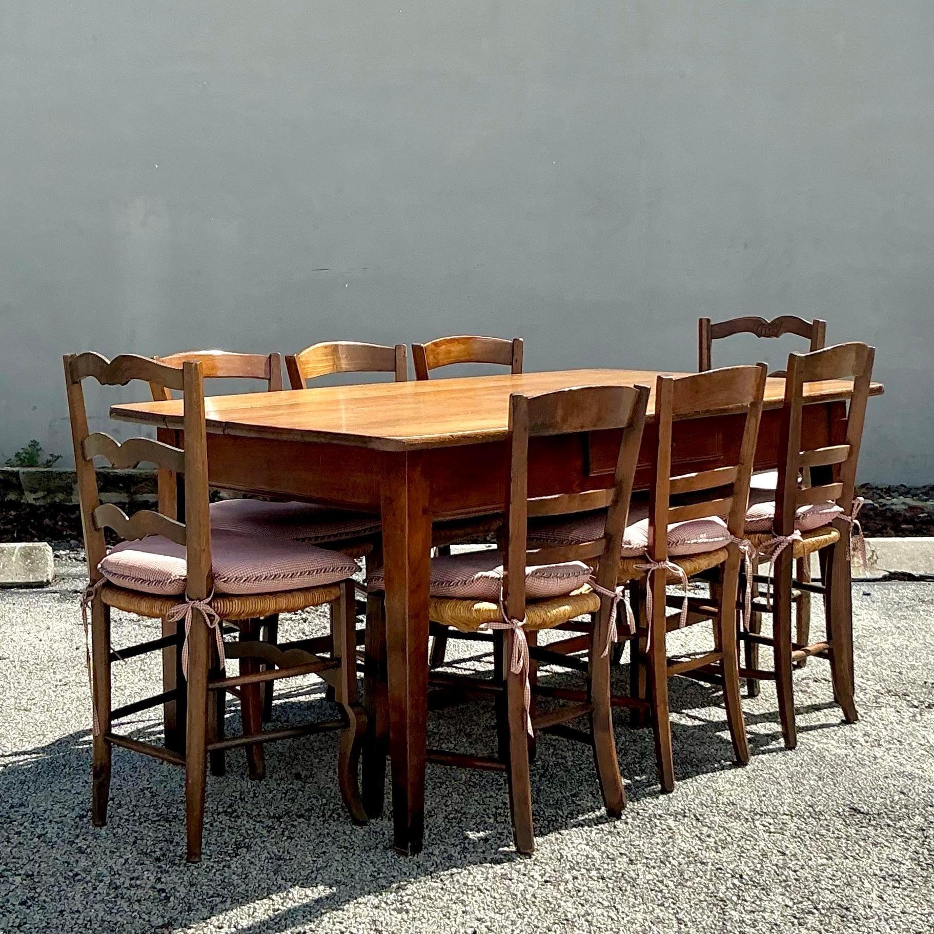20th Century Vintage Boho French Mixed Rush Seat Dining Chairs Set of 10 For Sale
