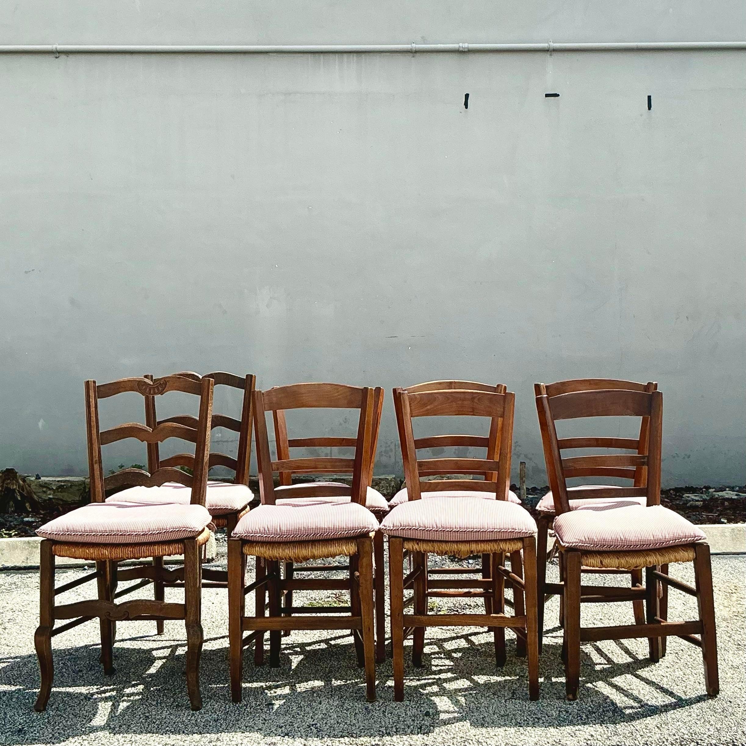 Upholstery Vintage Boho French Mixed Rush Seat Dining Chairs Set of 10 For Sale