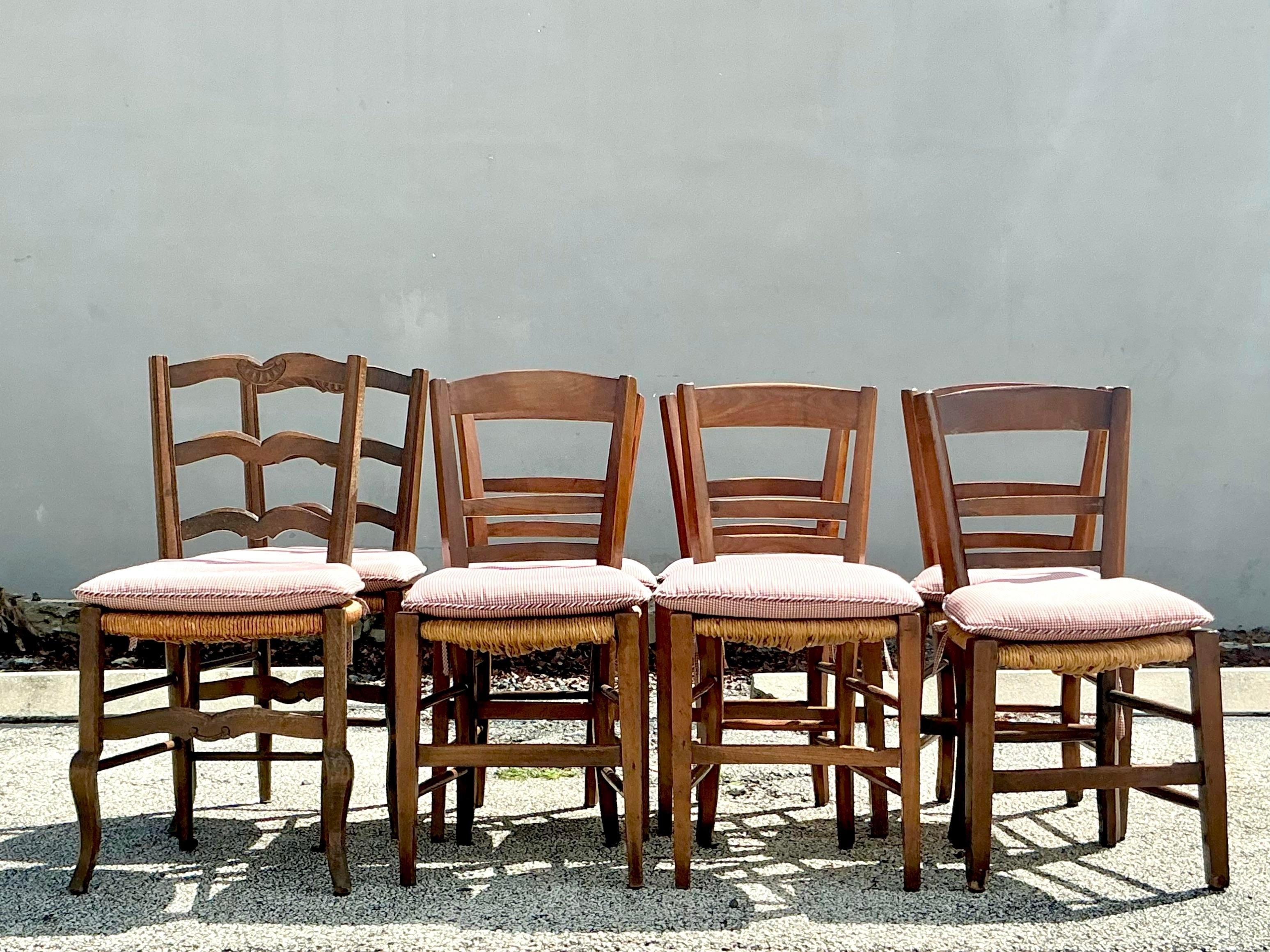 Vintage Boho French Mixed Rush Seat Dining Chairs Set of 10 For Sale 2