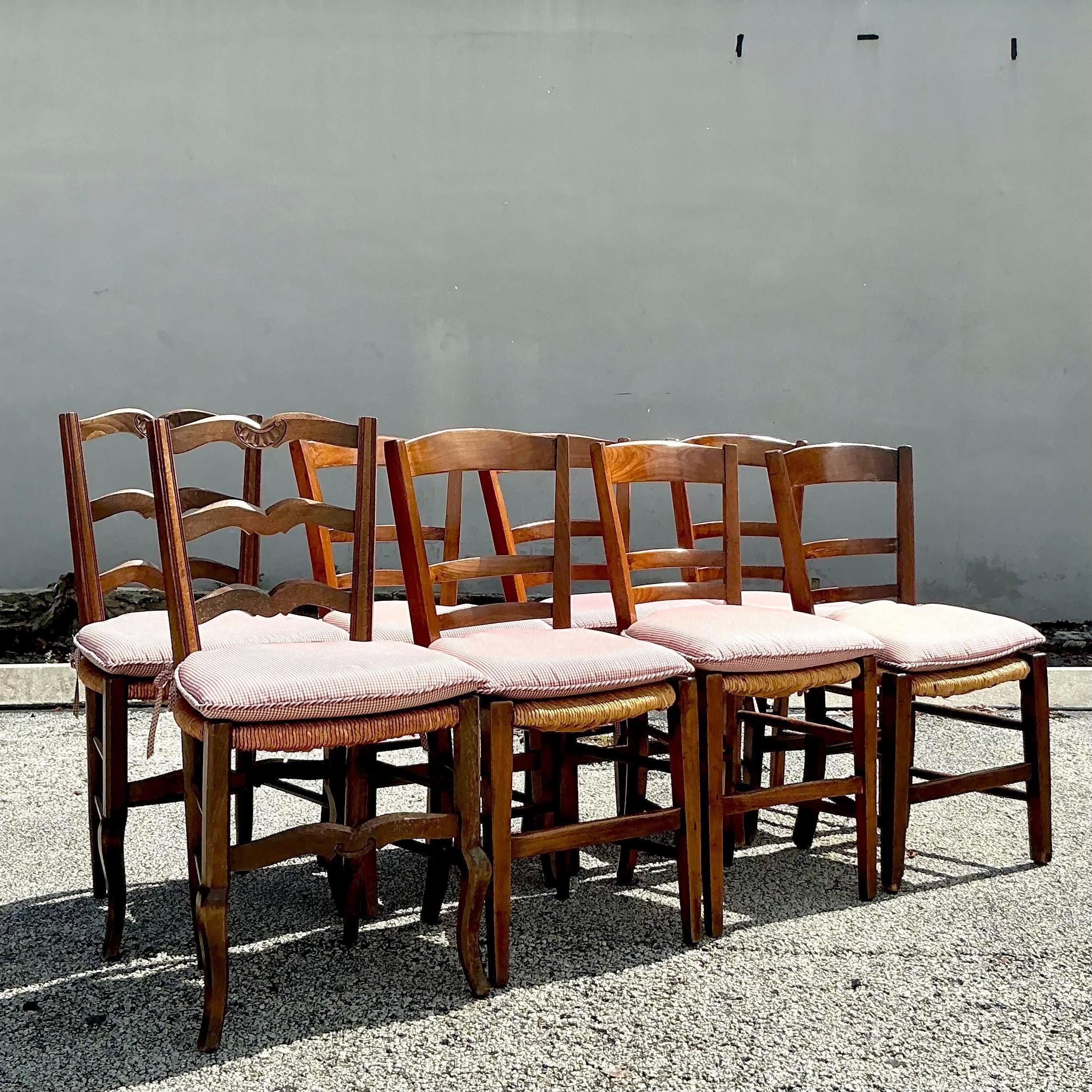 Vintage Boho French Mixed Rush Seat Dining Chairs Set of 10 For Sale 3