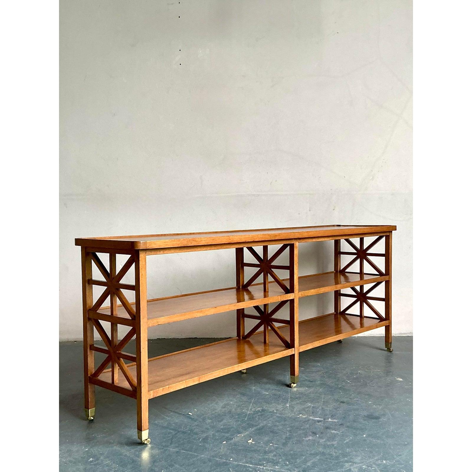 Vintage Boho Fret Work Console Table In Good Condition For Sale In West Palm Beach, FL