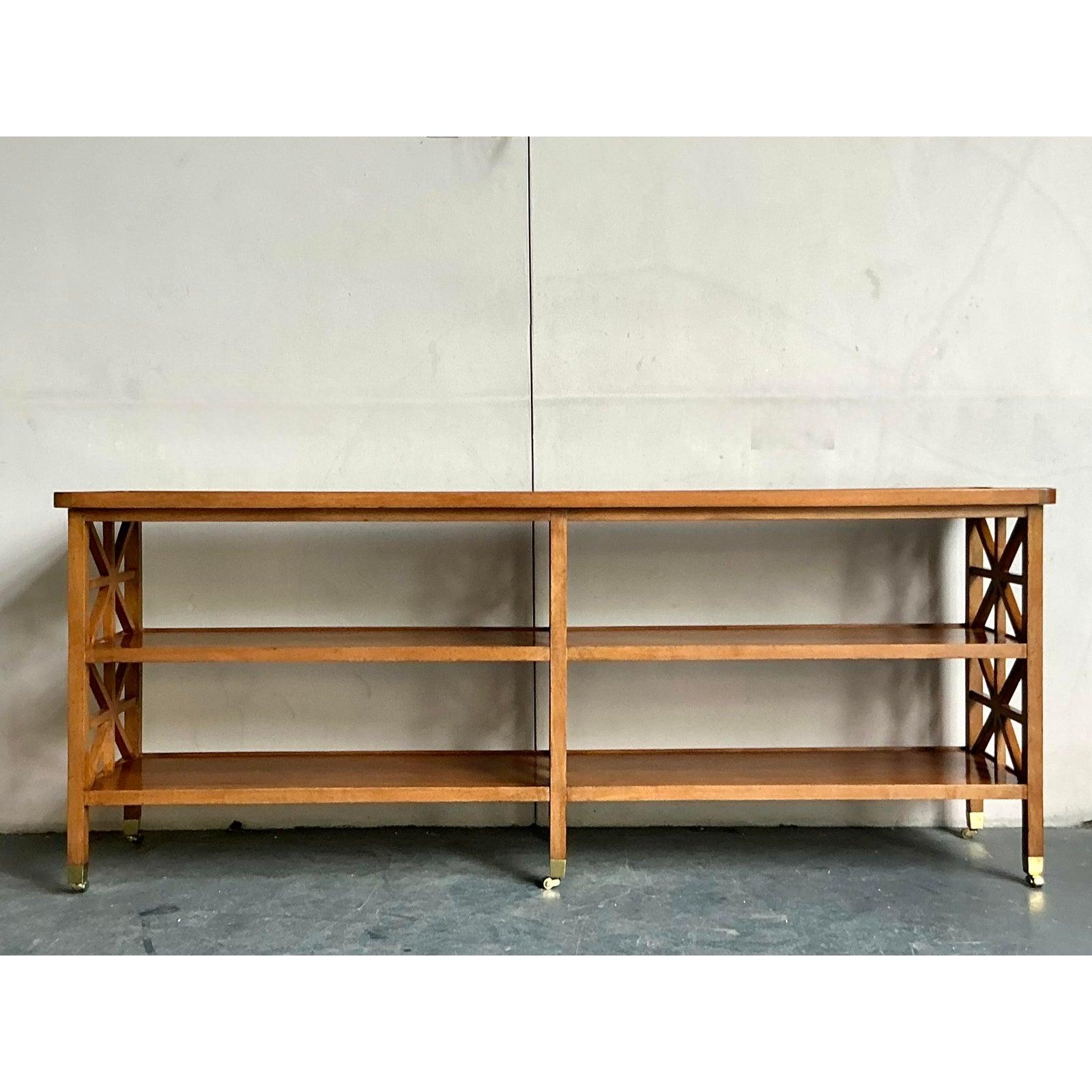 20th Century Vintage Boho Fret Work Console Table For Sale