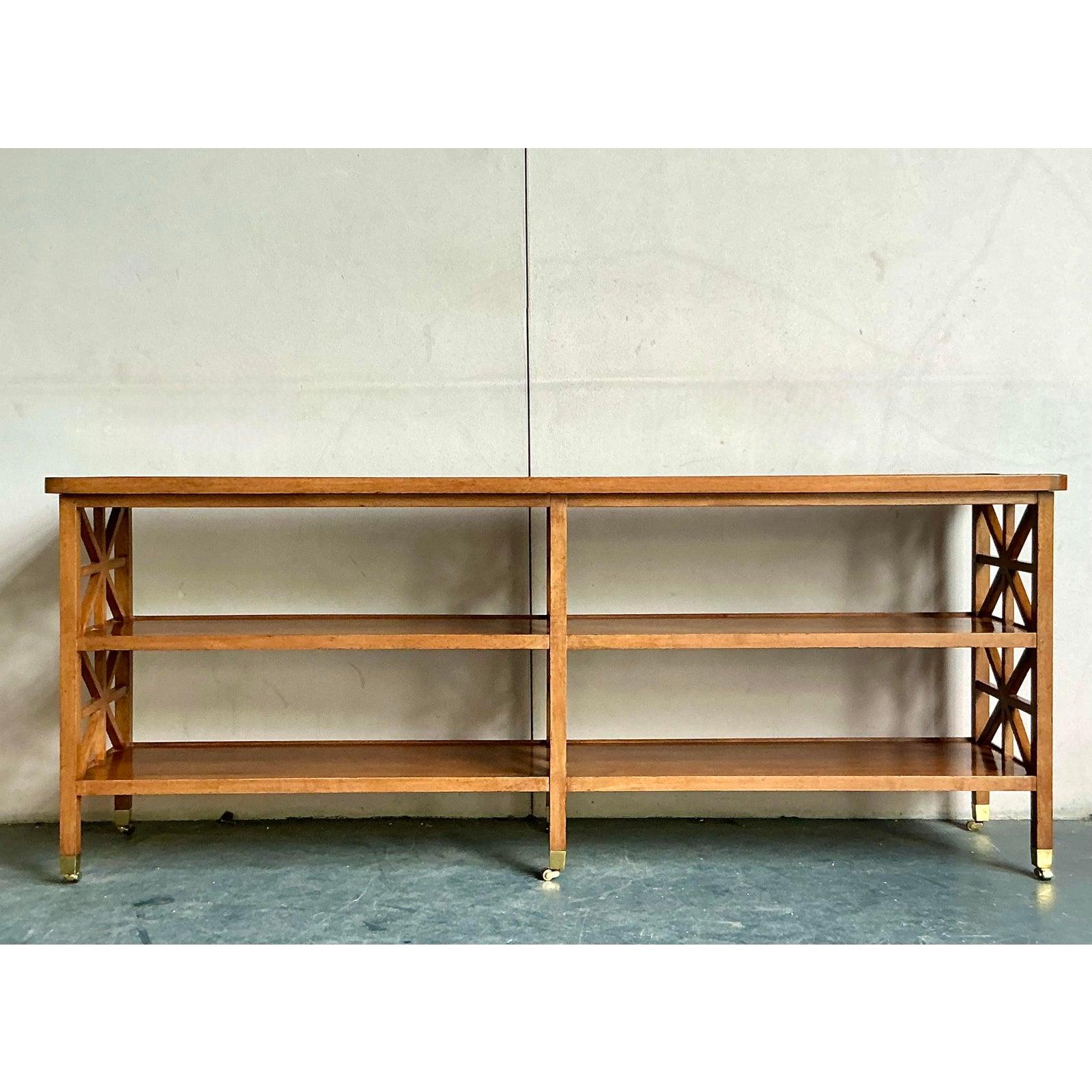 Wood Vintage Boho Fret Work Console Table For Sale