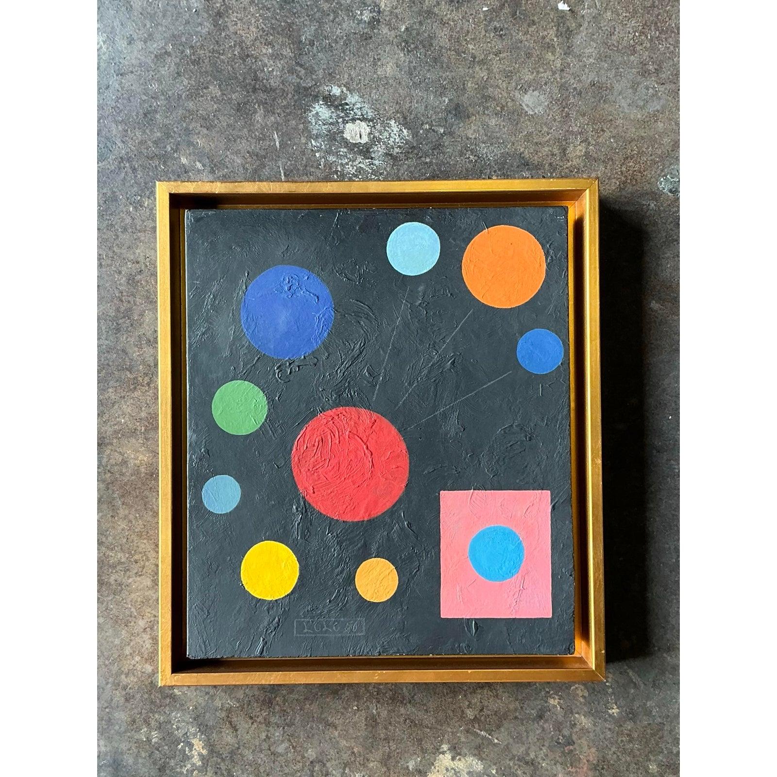 Dieses fesselnde, kleinformatige abstrakte Gemälde ist eine brillante Studie in Farbe und Textur, die die grafische Einfachheit der Geometrischen Abstraktion mit einer lebendigen Pop-Art-Sensibilität einfängt. Die Komposition besteht aus einer Reihe