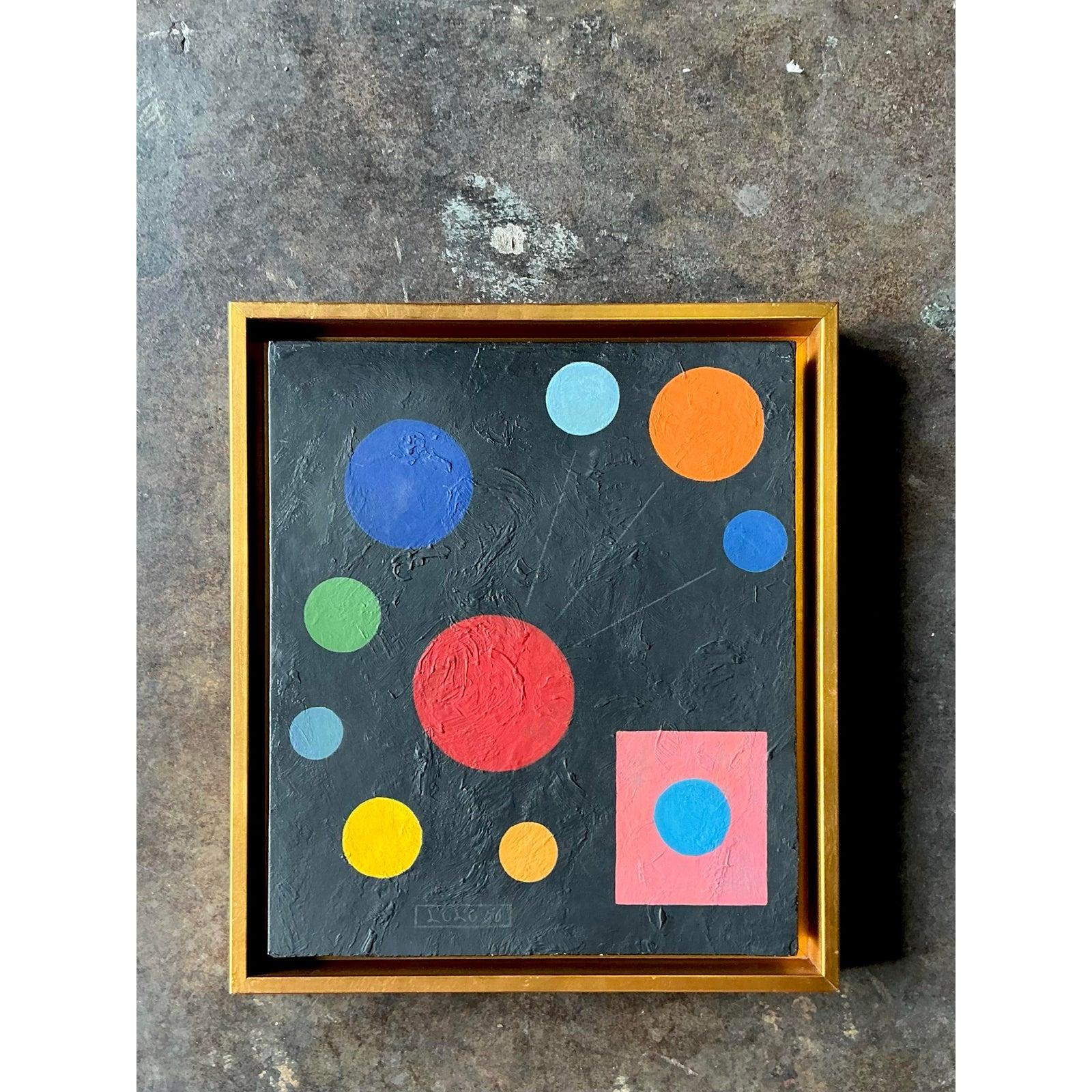 Vintage Boho Geometrisch Abstrakt Öl auf Brett (Minimalistisch) im Angebot