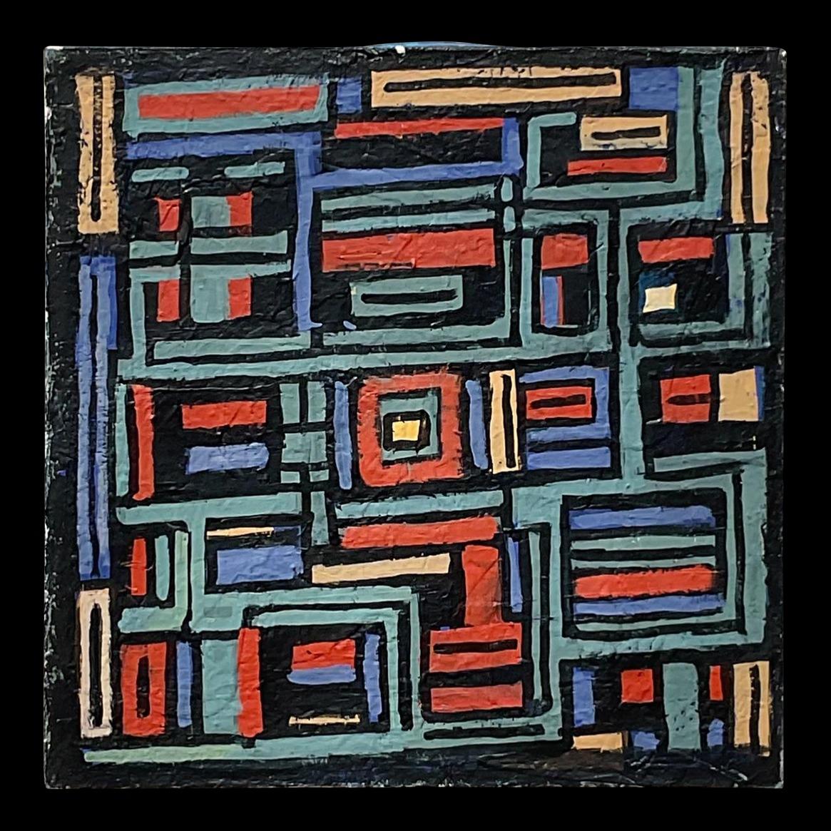 This vintage painting utilizes hard angles. The gorgeous soft teal and red mix with a royal blue filling the spaces between make this piece bold yet tasteful. Acquired from a Palm Beach estate.
