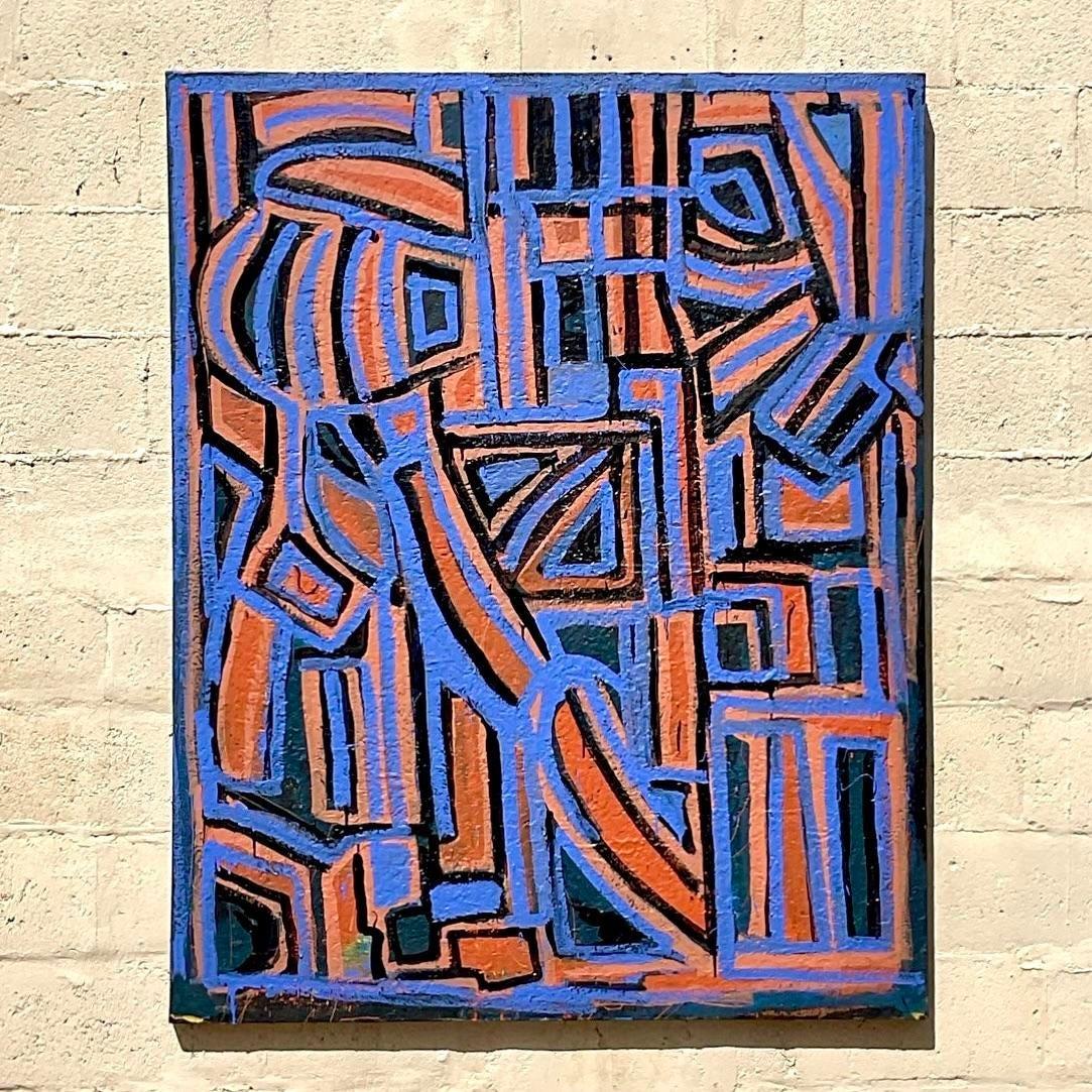 This vintage painting utilizes hard angles and curves to create abstract shapes. The differentiating shades of orange against the contrasting royal blue make this piece a tasteful statement. Acquired from a Palm Beach estate