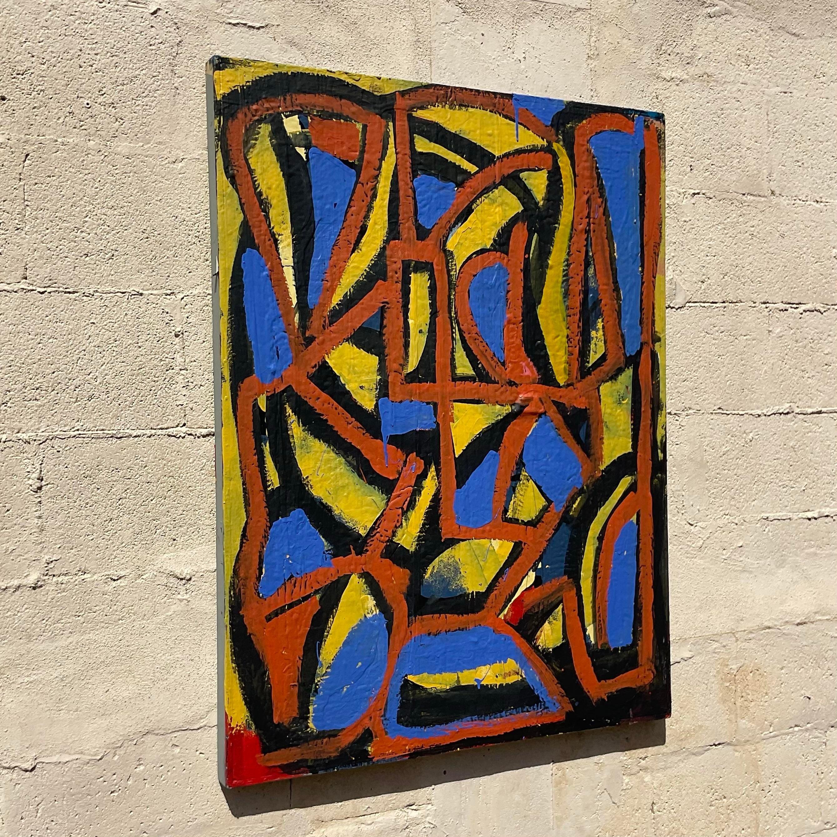 This piece is a gorgeous geometric style painting that utilizes hard angles and linear shapes. The bold primary colors yet minimalistic design make this piece a subtle statement. Acquired from a Palm Beach estate. 
