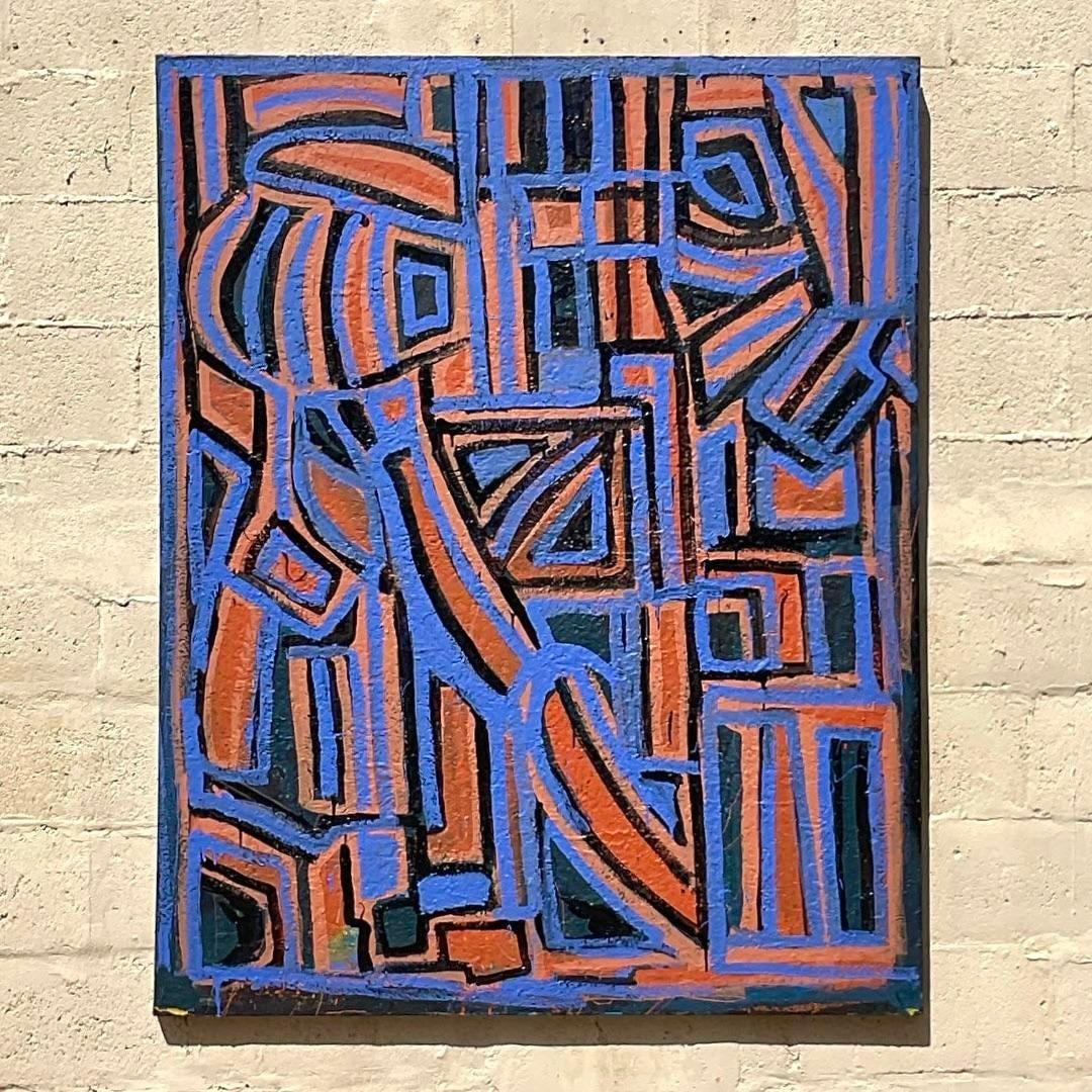 American Vintage Boho Geometric Abstract Oil on Canvas For Sale