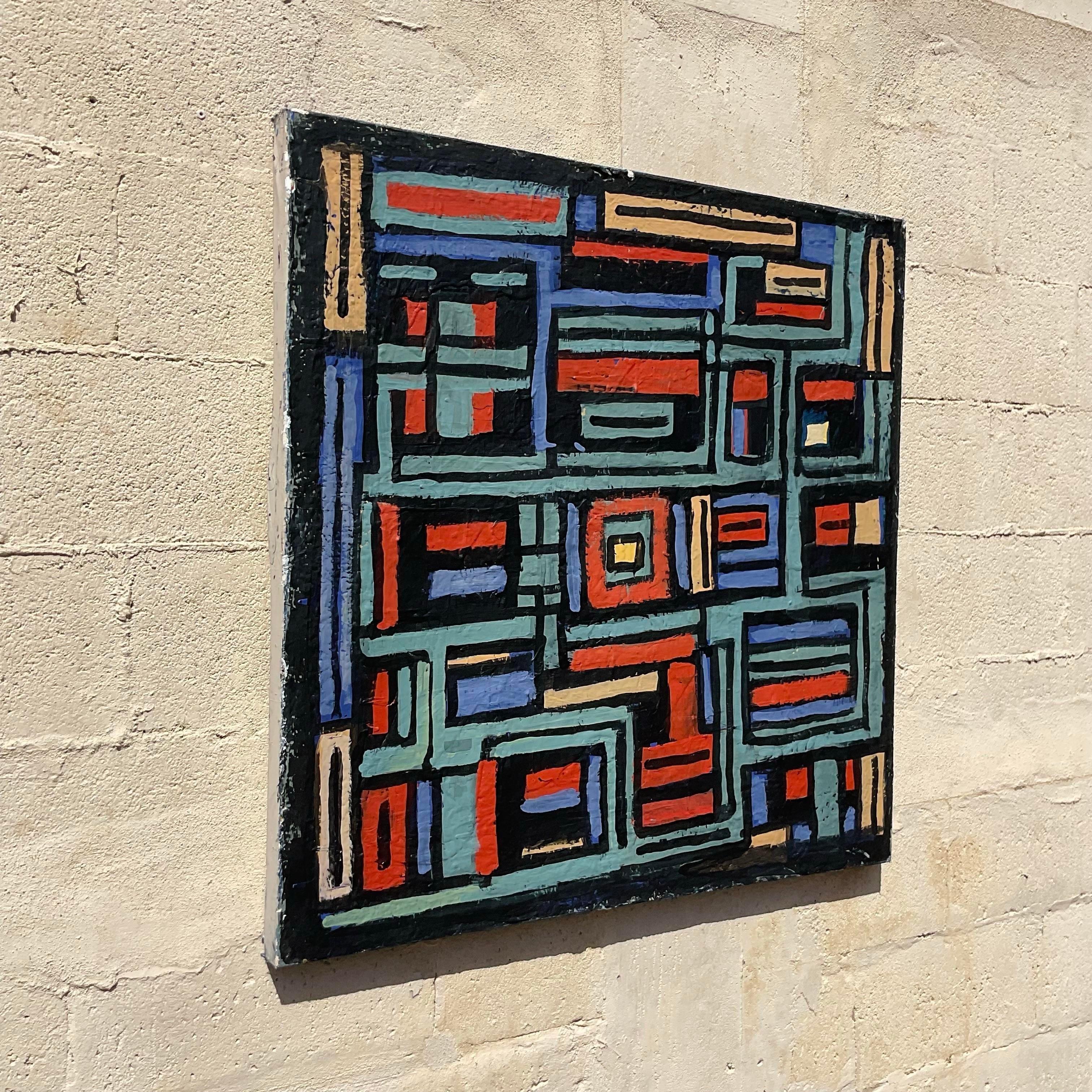 Vintage Boho Geometric Abstract Oil on Canvas In Good Condition For Sale In west palm beach, FL