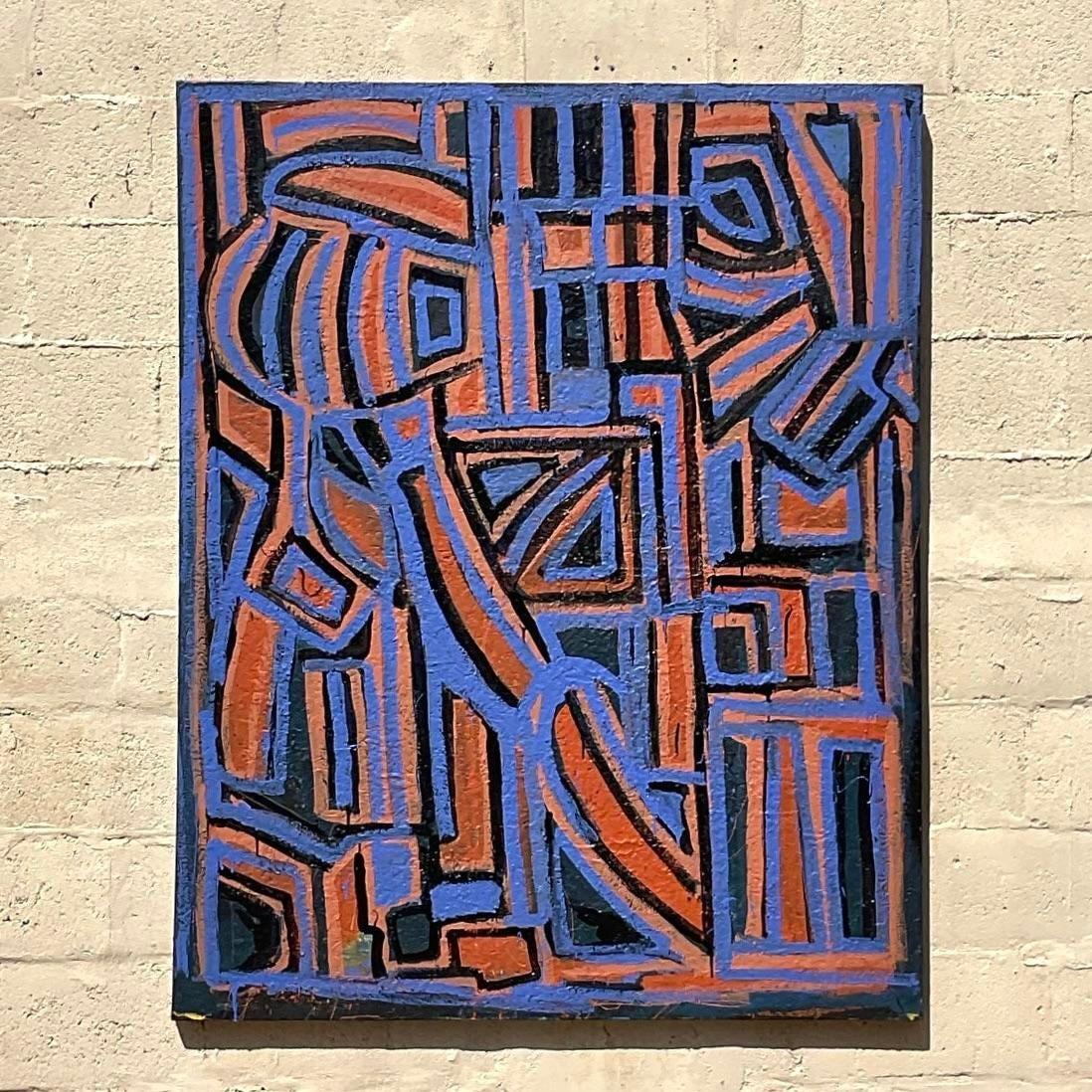 Vintage Boho Geometric Abstract Oil on Canvas In Good Condition For Sale In west palm beach, FL